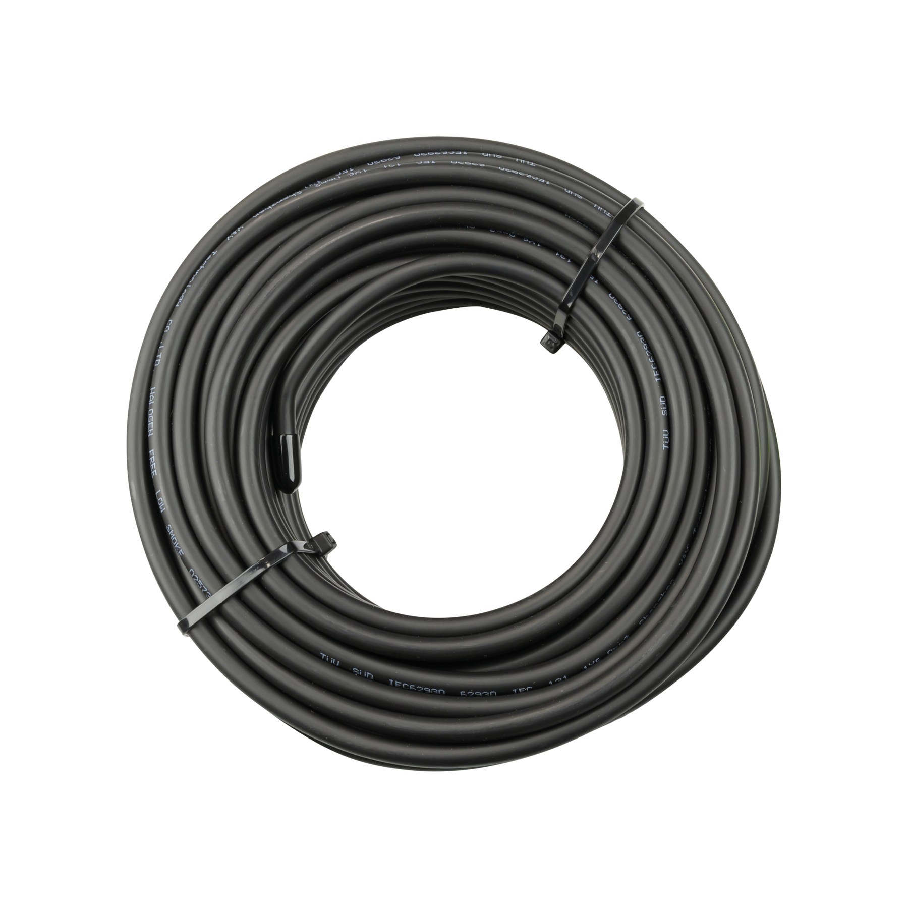 Ein aufgerolltes schwarzes Kabel, das mit schwarzen Kabelbindern befestigt ist, vor einem weißen Hintergrund.