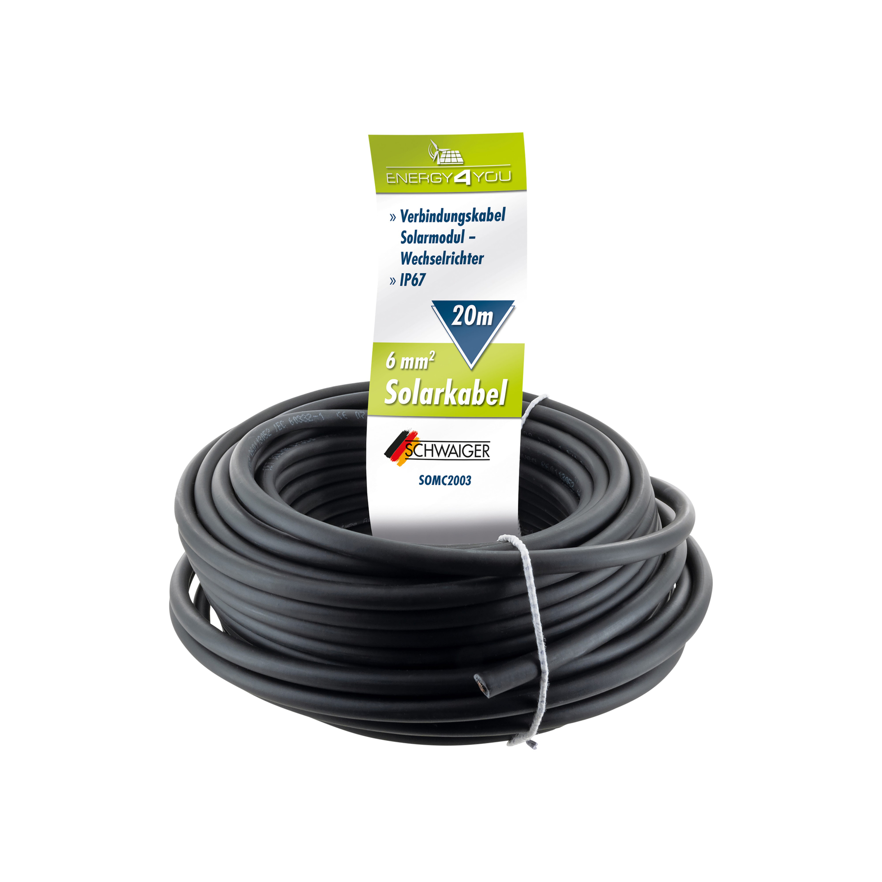 Ein schwarzes, aufgerolltes Solarkabel mit einem Etikett, das Spezifikationen und das Logo des Herstellers zeigt.