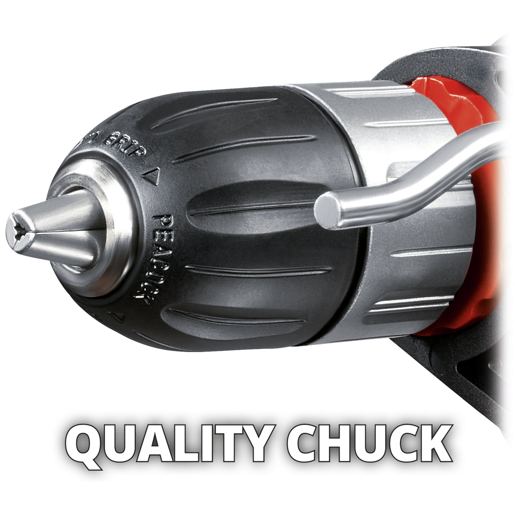 Primo piano di un mandrino con componenti neri e argentati. Il testo 'QUALITY CHUCK' è in basso. Una barra argentata è a destra.