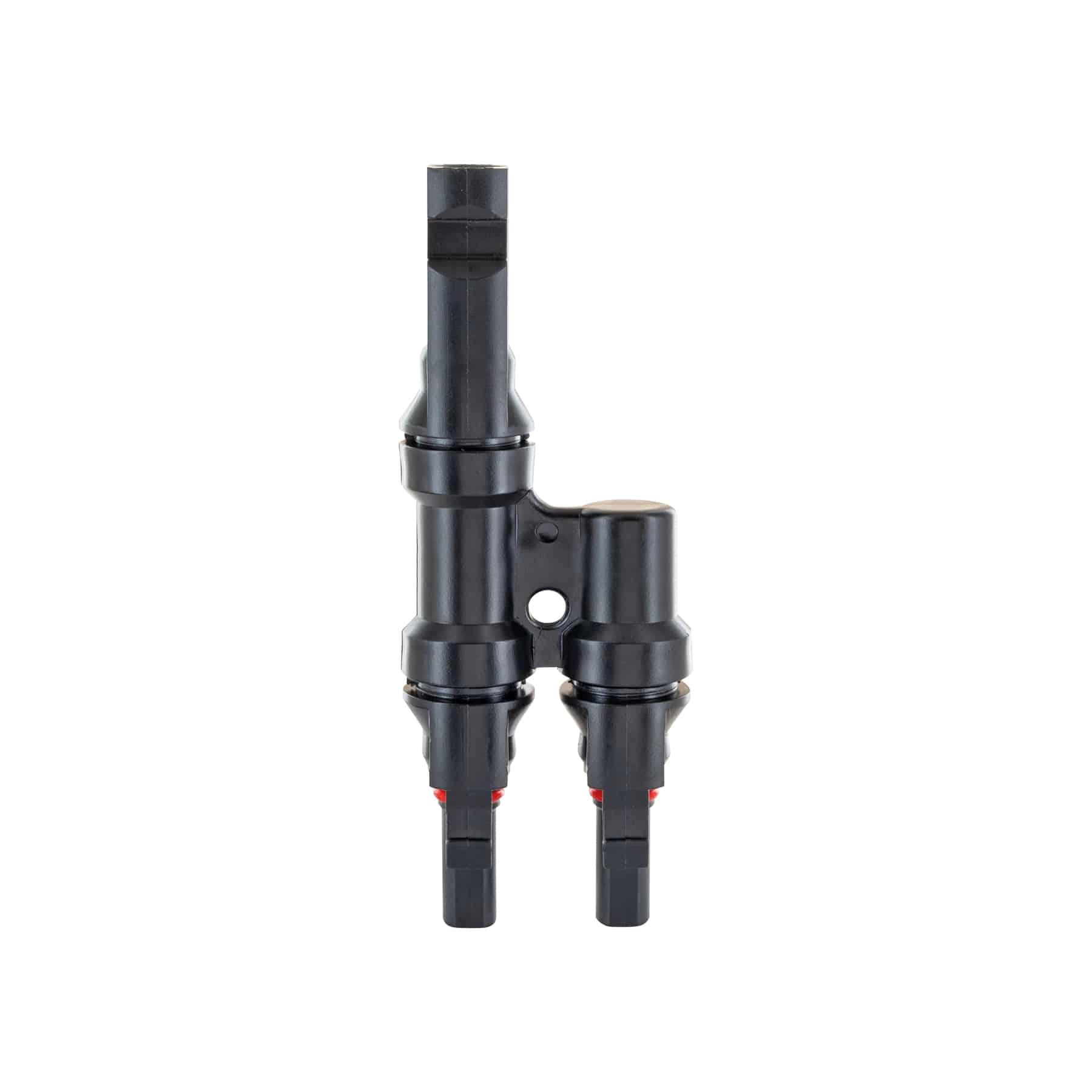Schwarzer Y-förmiger Solarpanel-Stecker auf weißem Hintergrund. Er hat zwei untere und einen oberen Stecker.