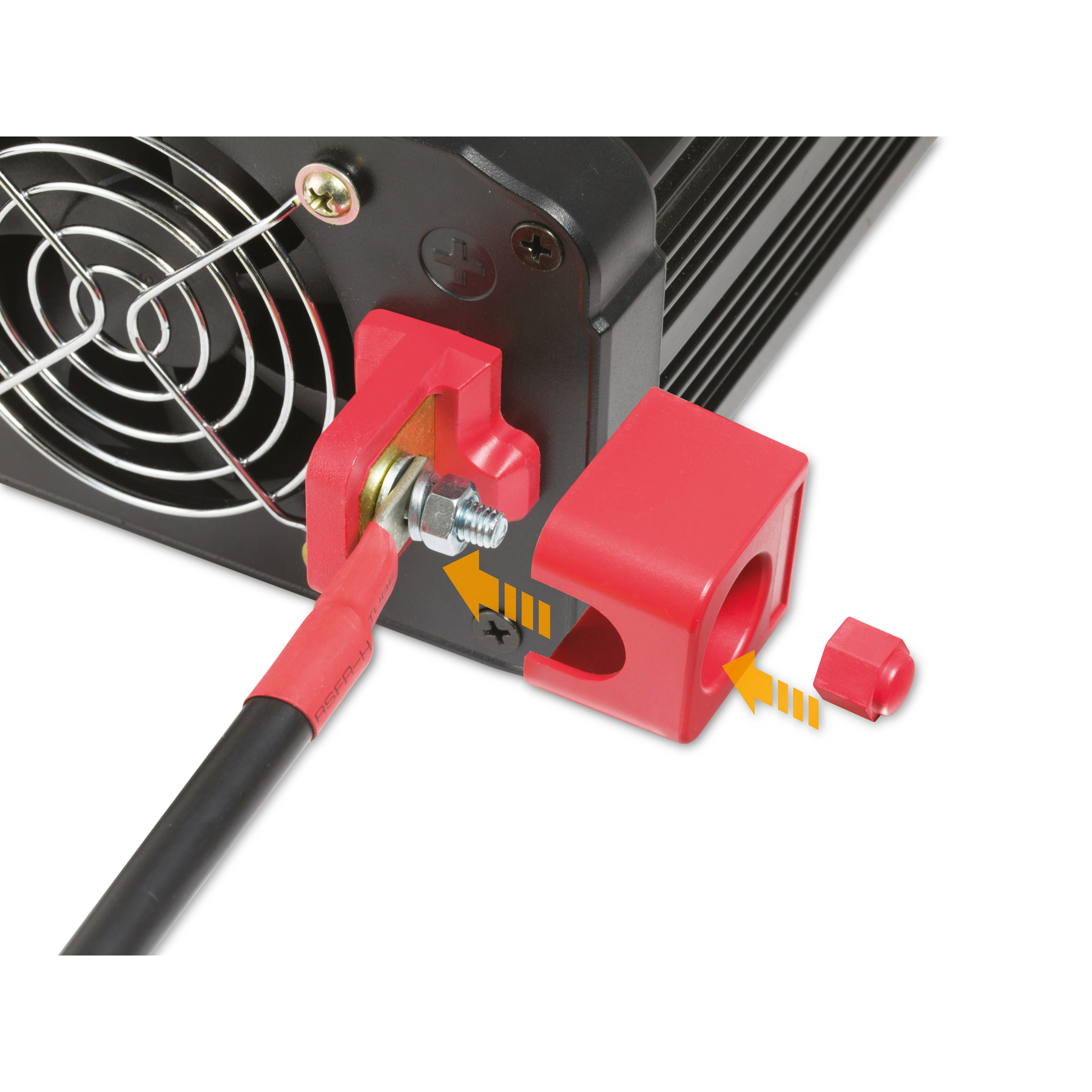 Czerwona osłona ochronna jest usuwana z zacisku czarnego urządzenia. Podłączony jest czarny kabel z czerwonym końcem.