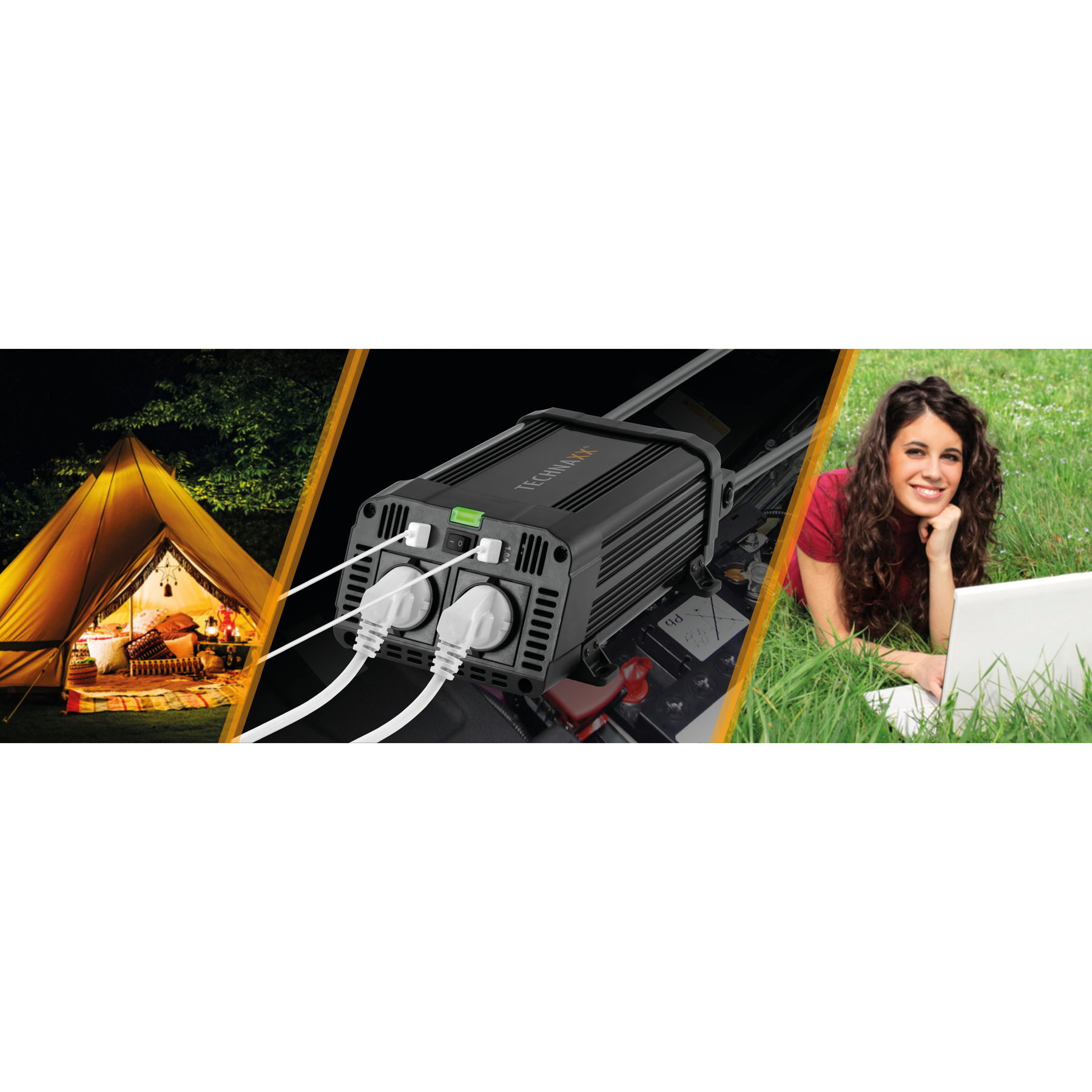 Inwerter z wtyczkami, podłączony do namiotu w nocy i kobieta z laptopem na trawie.