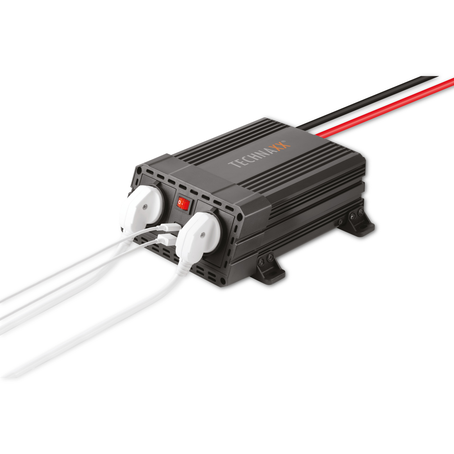 Czarny inwerter z białymi wtyczkami, czerwonym przełącznikiem i czerwono-czarnymi przewodami. Marka to Technaxx.