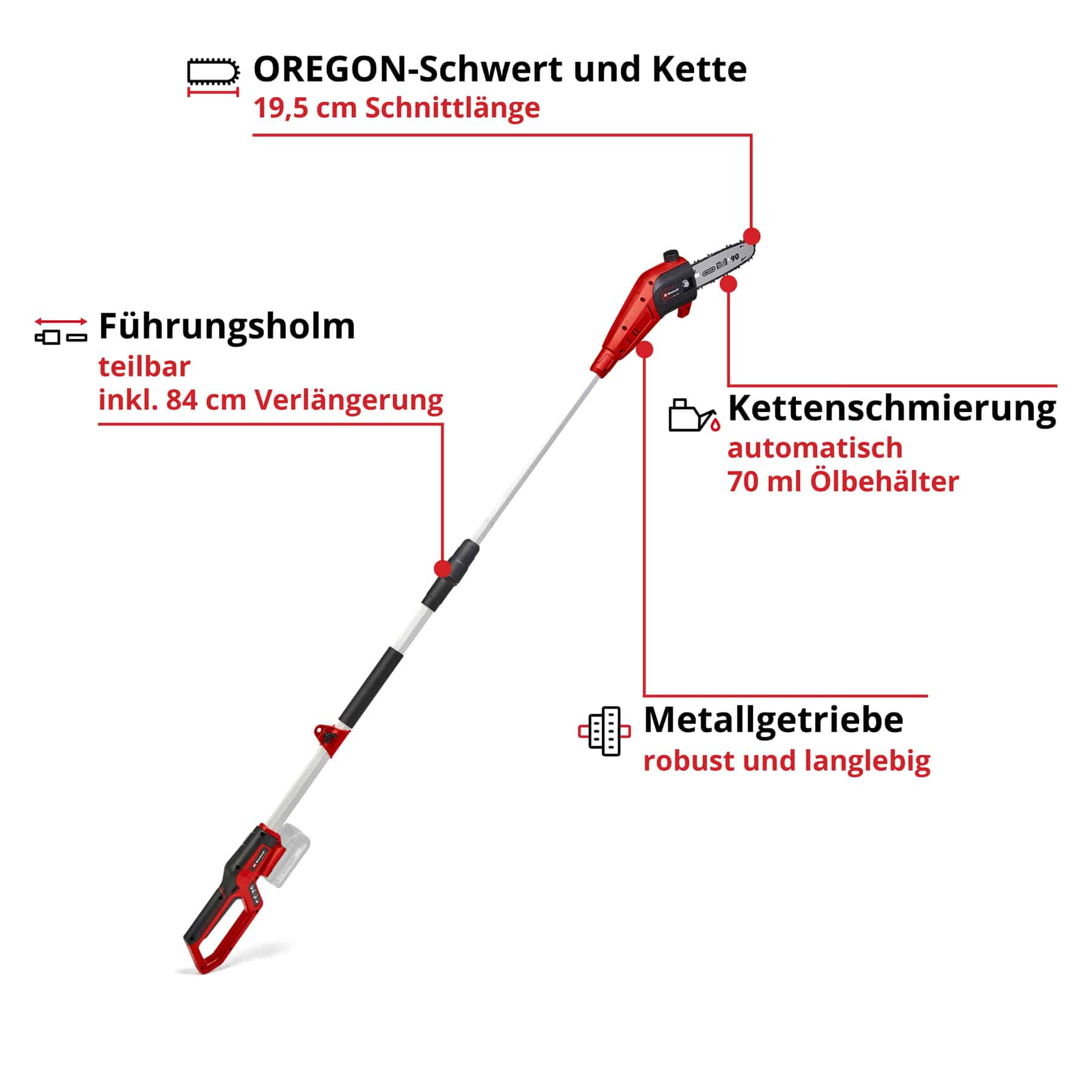 Eine rot-schwarze Stangensäge mit Etiketten, die die Klingengröße, die Kettenschmierung und die Stielverlängerung angeben.