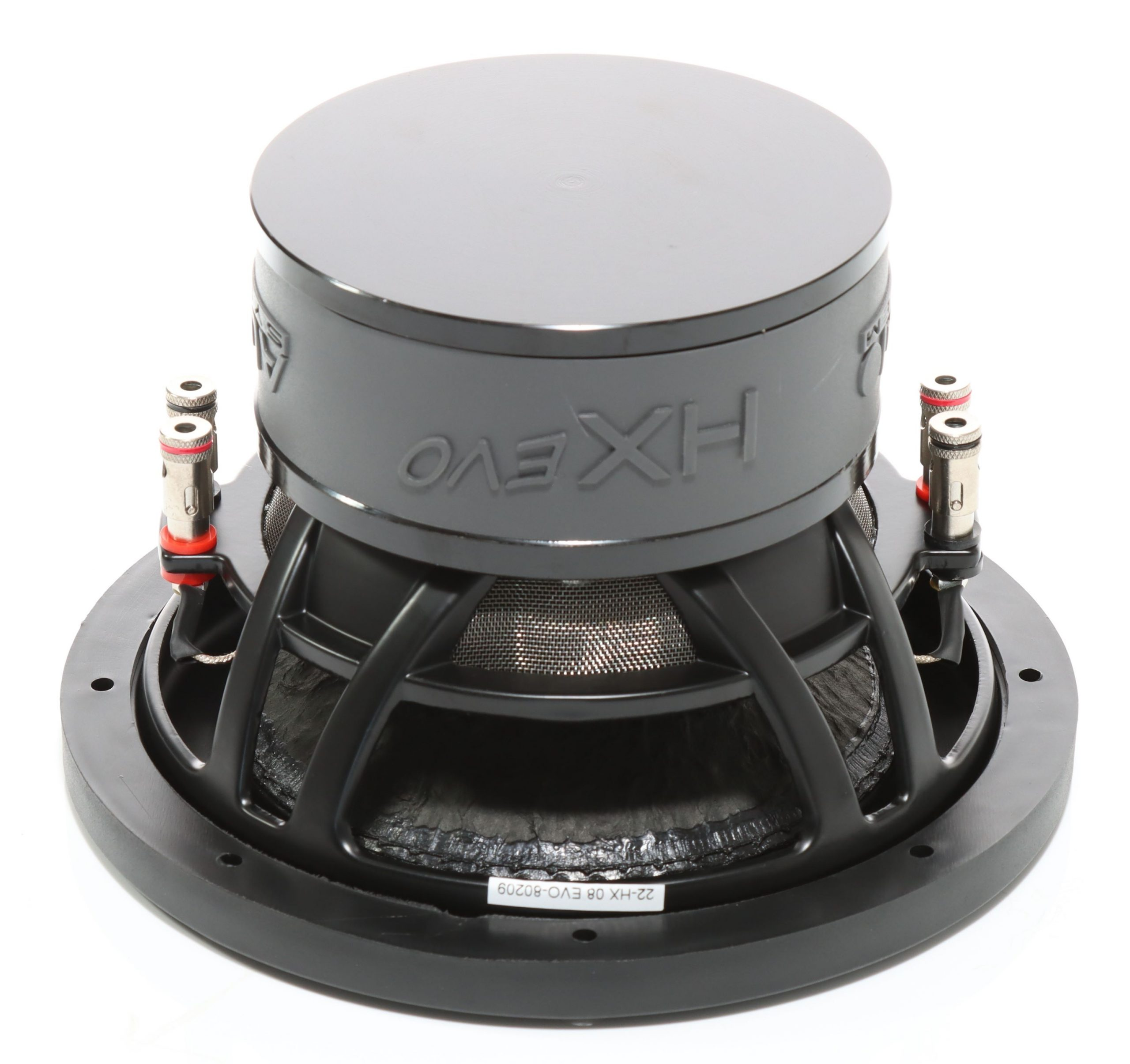 Ein schwarzer Subwoofer mit grauem Deckel und Akzenten. Er hat Lautsprecherkabelanschlüsse und ein Maschensieb in einem schwarzen Käfig.