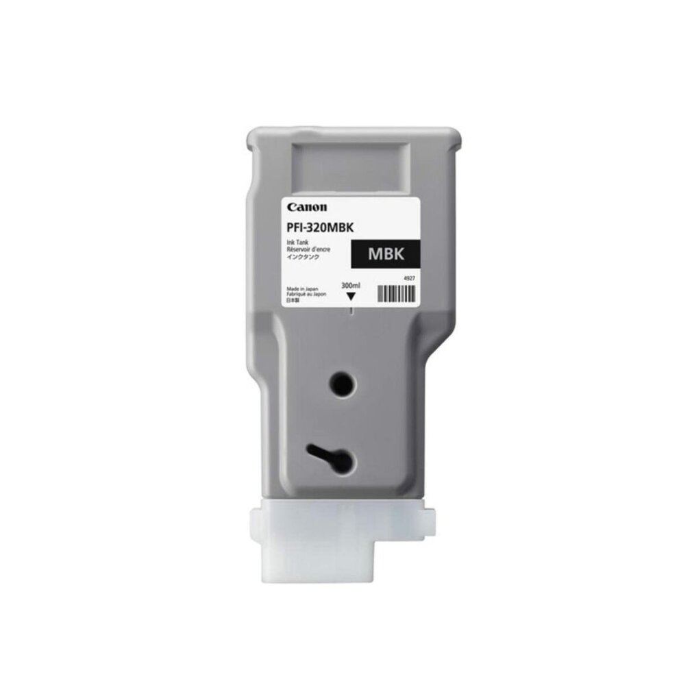 Bir Canon PFI-320MBK mürekkep kartuşu. Gri kartuş, üzerinde metin bulunan beyaz bir etikete ve beyaz bir plastik alt konektöre sahiptir.