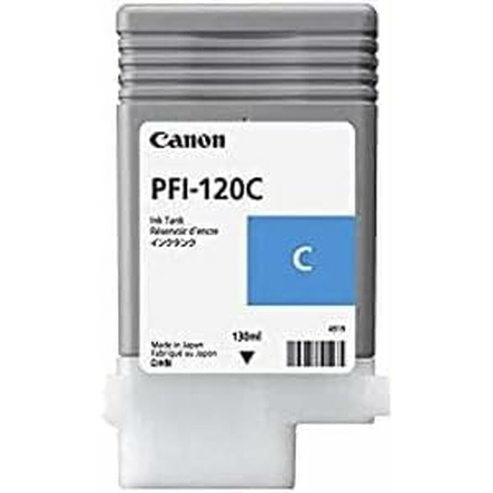 A Canon PFI-120C ink tank, cyan color, with a white label and barcode. The ink tank is gray and white.