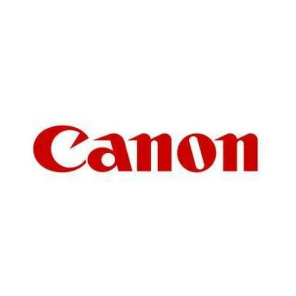 Het Canon-logo op een witte achtergrond. Het woord 'Canon' is rood, met een kenmerkend lettertype.