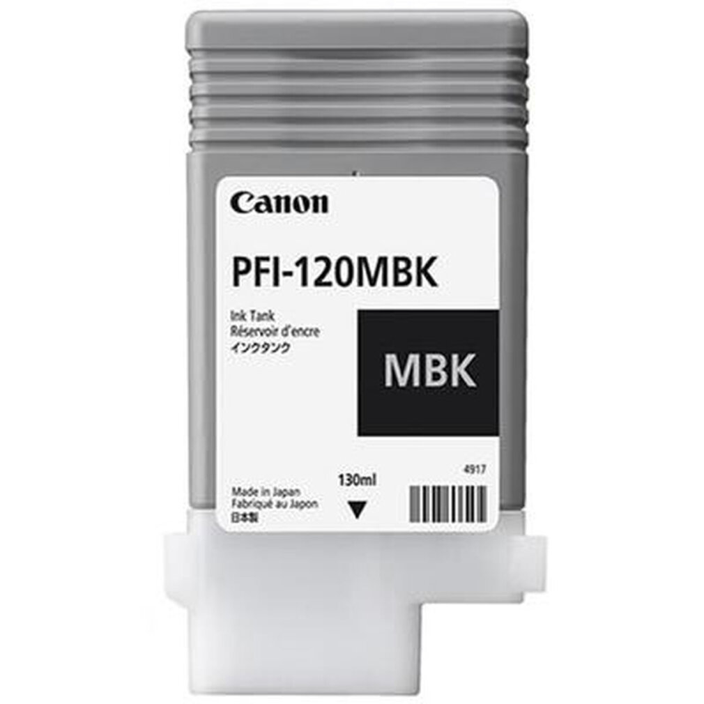 Canon PFI-120MBK ink tank. Gray and black cartridge with text. Includes "MBK", "130ml", and "Made in Japan".