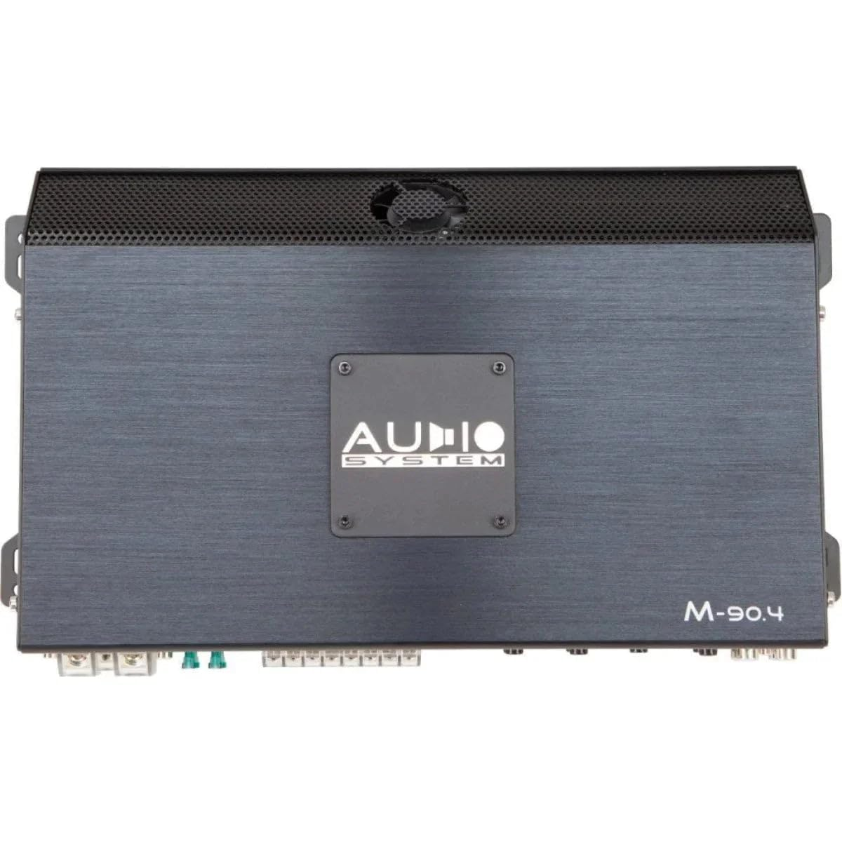 Ein dunkelgrauer Audio System Verstärker. Das Logo befindet sich in der Mitte, die Modellnummer M-90.4 unten rechts.