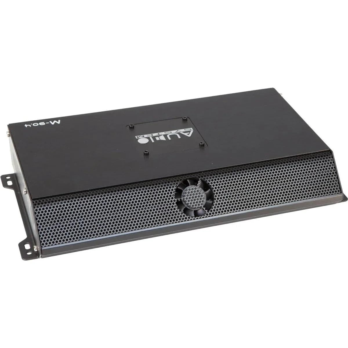 Ein schwarzer Audioverstärker. Er hat eine Mesh-Front mit einem Lüfter, und die Oberseite hat das Logo 'Audio System'. Das Modell ist M-50.4.