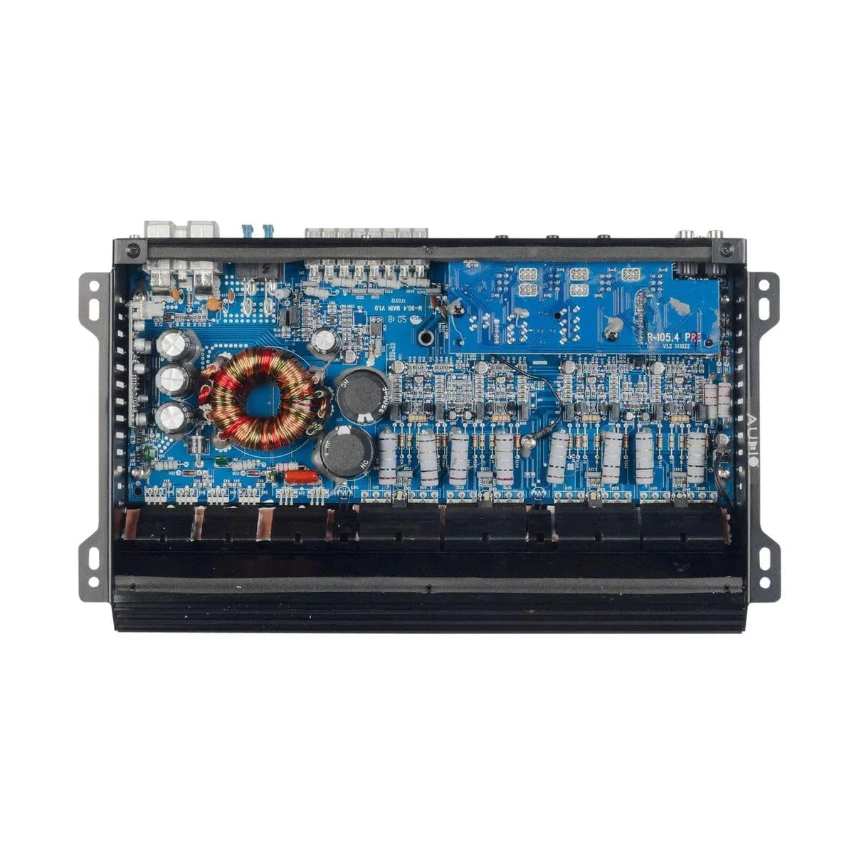 Eine blaue Leiterplatte mit verschiedenen elektronischen Bauteilen, darunter Kondensatoren und eine Kupferspule, in einem schwarzen Metallrahmen.
