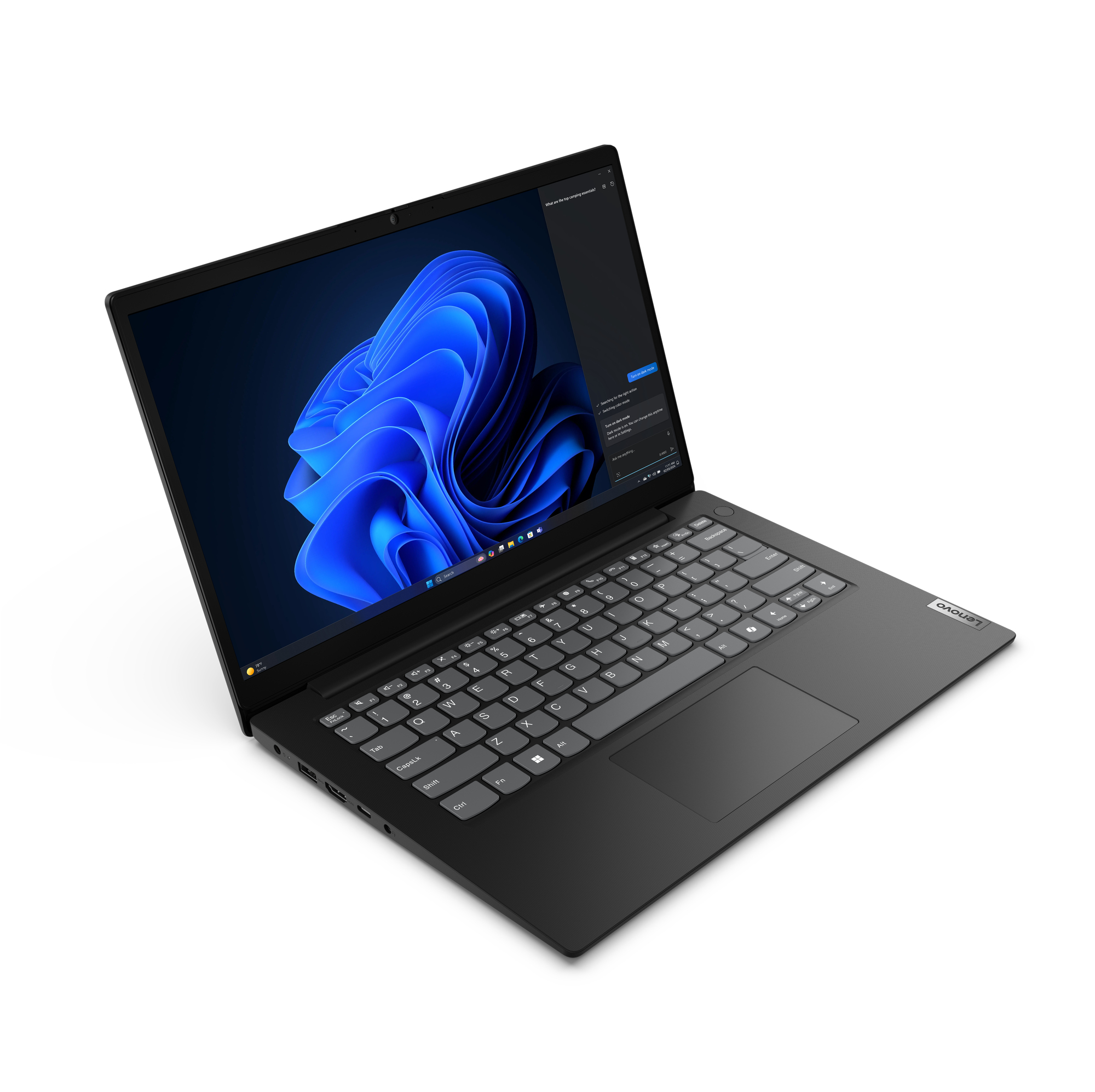 Laptop Lenovo nero con sfondo blu di Windows 11. La tastiera è visibile. Il laptop è angolato su una superficie bianca.