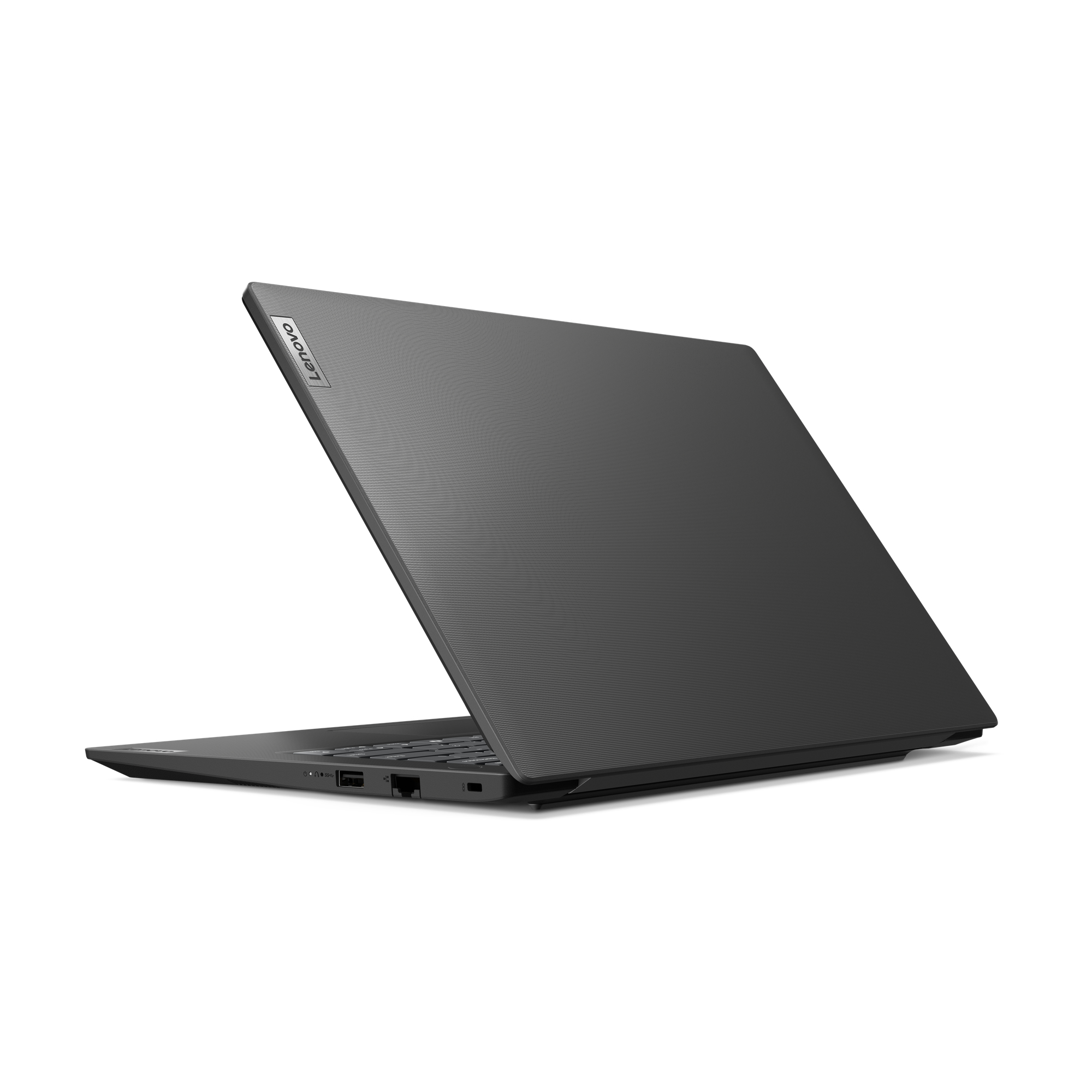 Un laptop Lenovo grigio è aperto, mostrando il retro e la tastiera. Lo schermo è inclinato verso l'alto.
