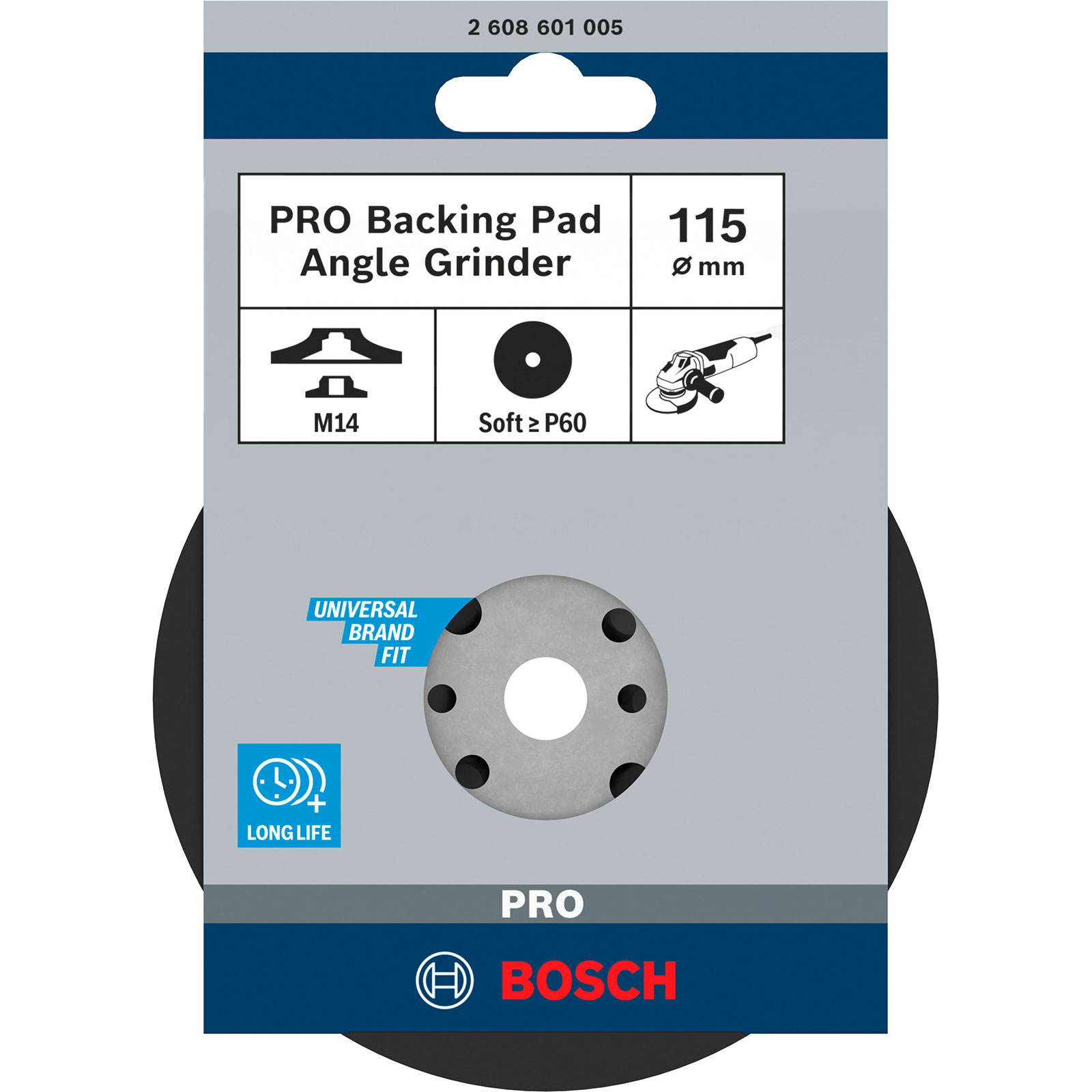 Ein Bosch PRO Stützteller für Winkelschleifer. Enthält Diagramme, Maße und Markeninformationen.