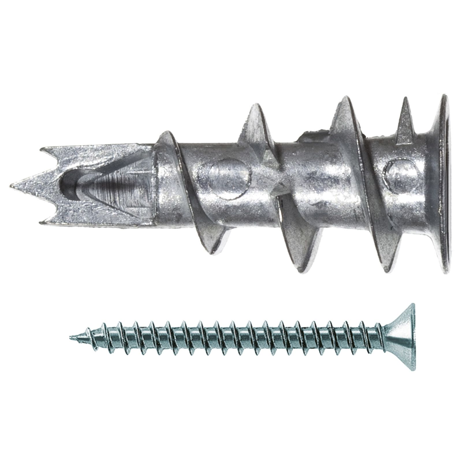 Una vista cenital muestra un anclaje y un tornillo plateados para paneles de yeso. El anclaje tiene un extremo puntiagudo y un cuerpo helicoidal.