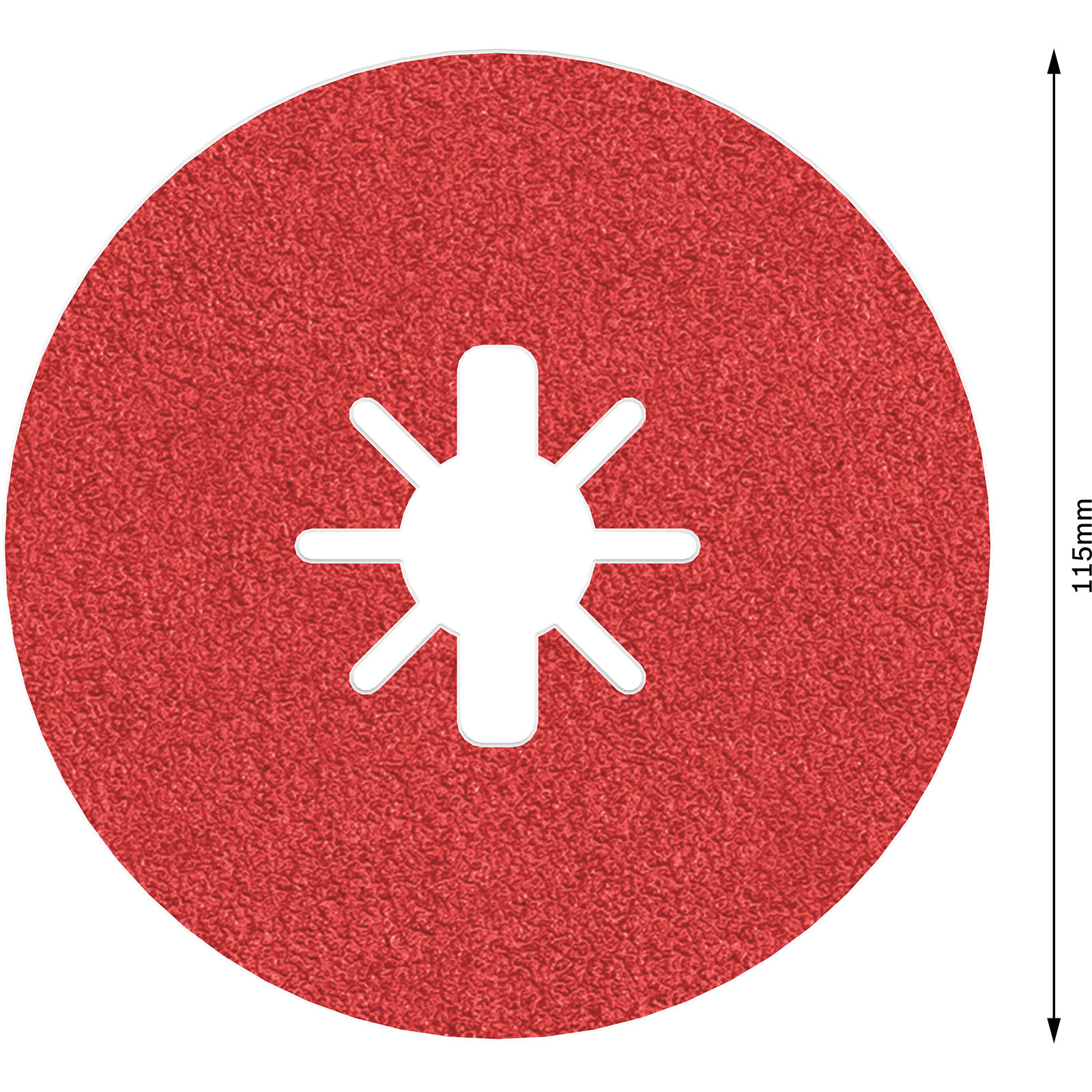 Eine rote, kreisförmige Schleifscheibe mit einem weißen, sternförmigen Ausschnitt in der Mitte. Ein schwarzer Pfeil zeigt eine Größe von 115 mm an.
