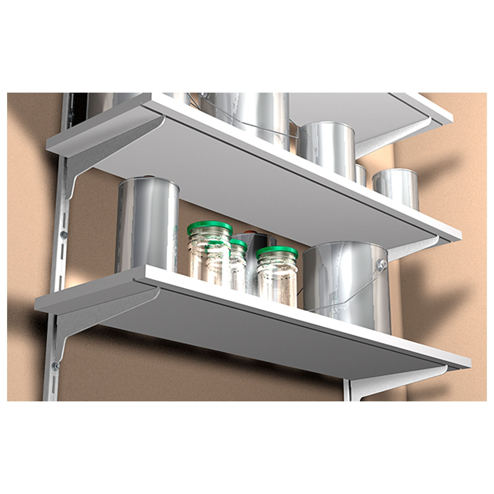 Drie grijze planken met diverse items. Bevat verfblikken, potten met groene deksels en een emmer.