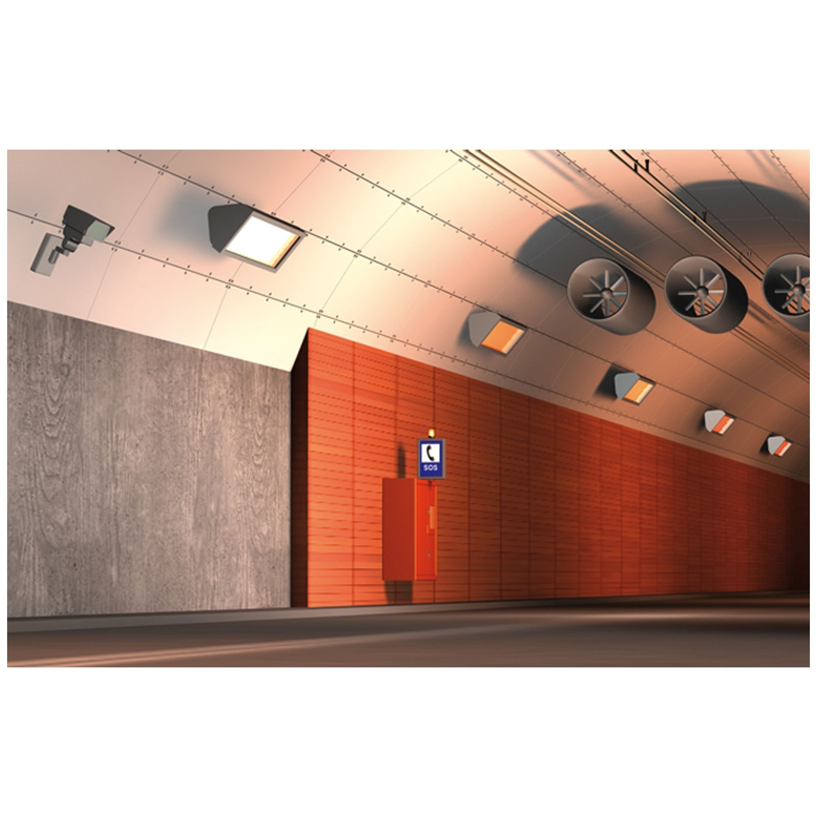 Ein orangefarbener Tunnel mit Lichtern, Ventilatoren und einem SOS-Telefon. Auf der linken Seite ist eine Überwachungskamera montiert.