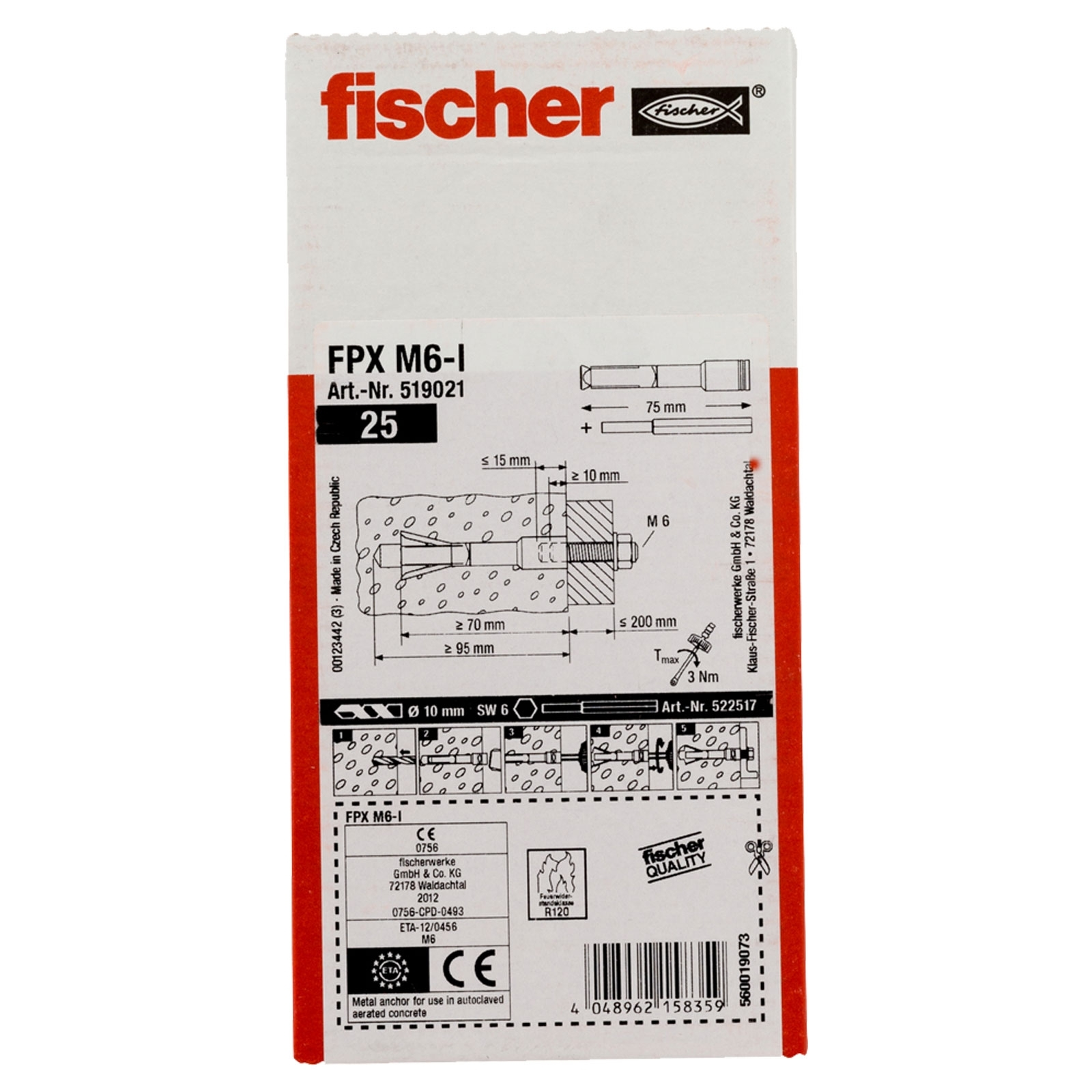 Packaging for Fischer FPX M6-I anchors. It features product details, diagrams, and specifications, with a white and red color scheme.