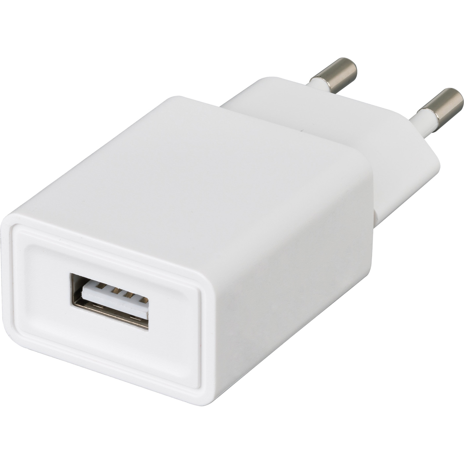 Biała ładowarka USB z dwoma bolcami. Ładowarka ma prostokątny korpus z portem USB.
