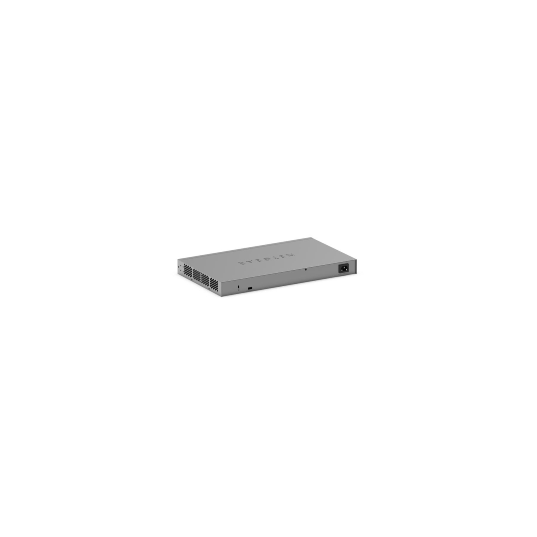 Ein silberner NETGEAR-Netzwerk-Switch liegt auf einer weißen Oberfläche. Er ist rechteckig mit Lüftungsgittern und einem Stromanschluss.