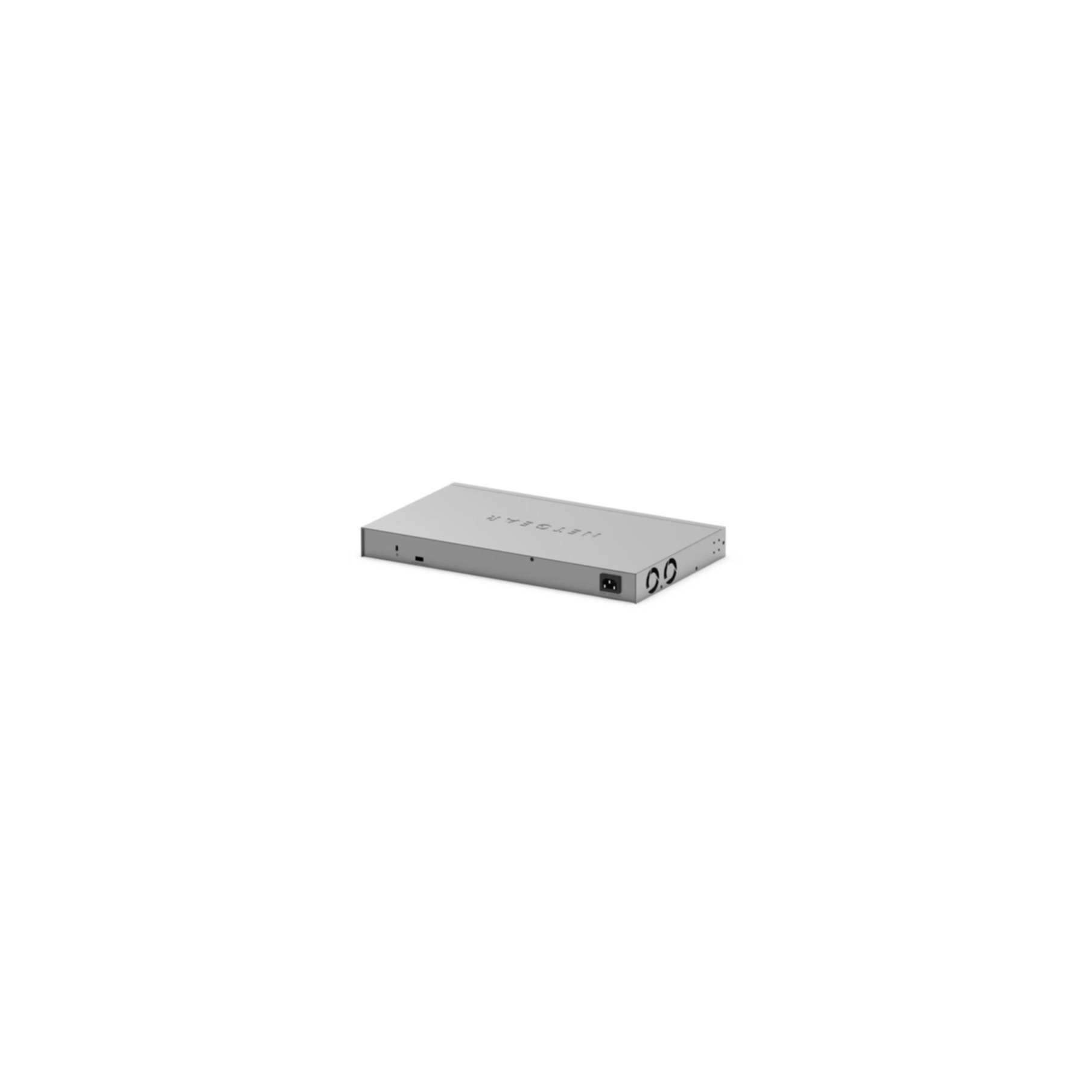 Ein grauer Netgear-Netzwerkswitch. Er ist rechteckig mit zwei kleinen Lüftergittern, einem Stromeingang und einigen kleinen Anschlüssen.