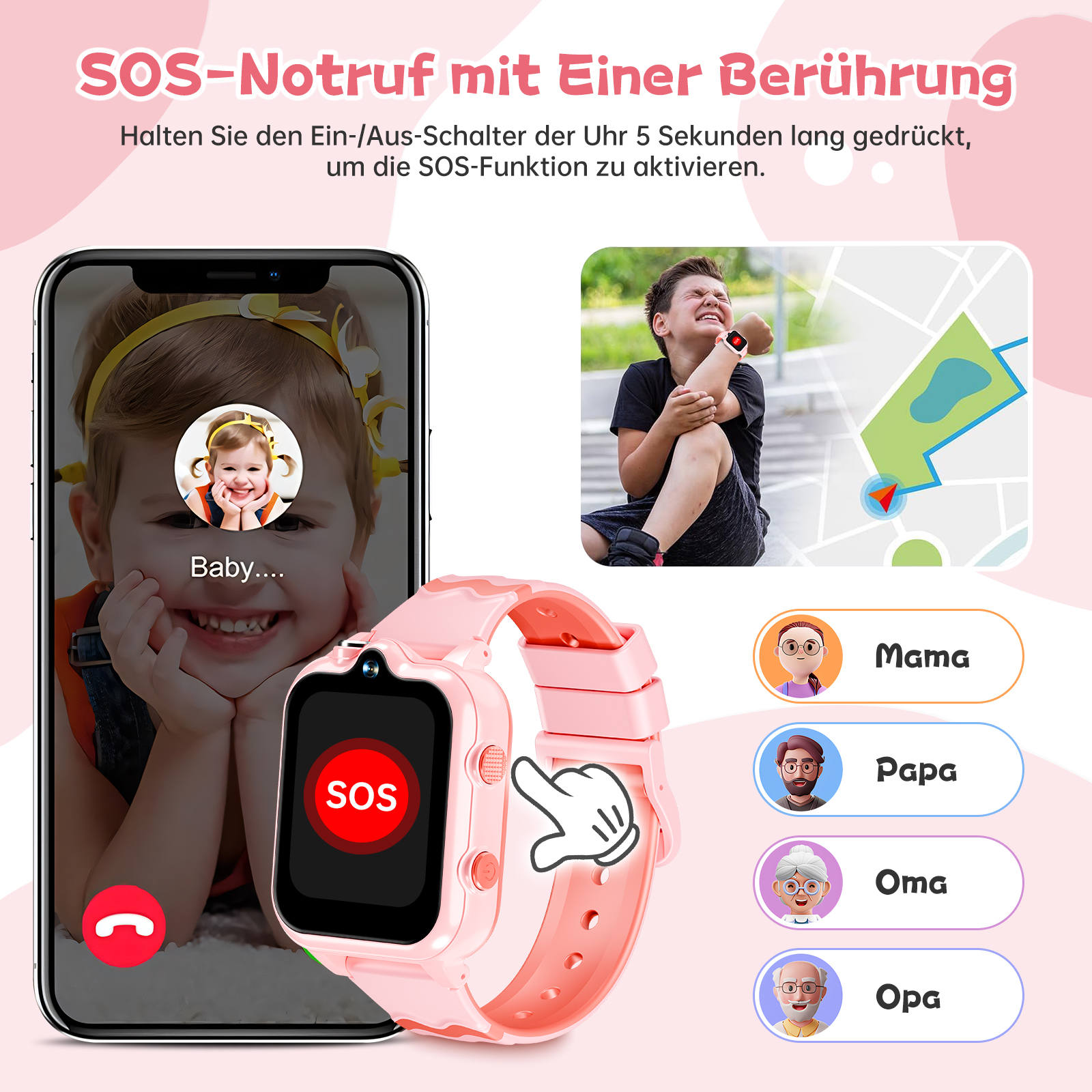 Rosa Smartwatch mit SOS-Taste, ein Kind auf dem Bildschirm, ein Junge mit Armverletzung und eine Karte.