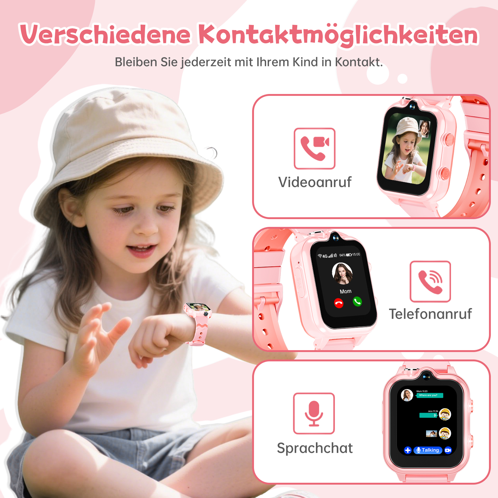 Ein Mädchen mit Hut und rosa Smartwatch. Drei Uhrenanzeigen zeigen Videoanruf, Telefonanruf und Sprachchat-Optionen.