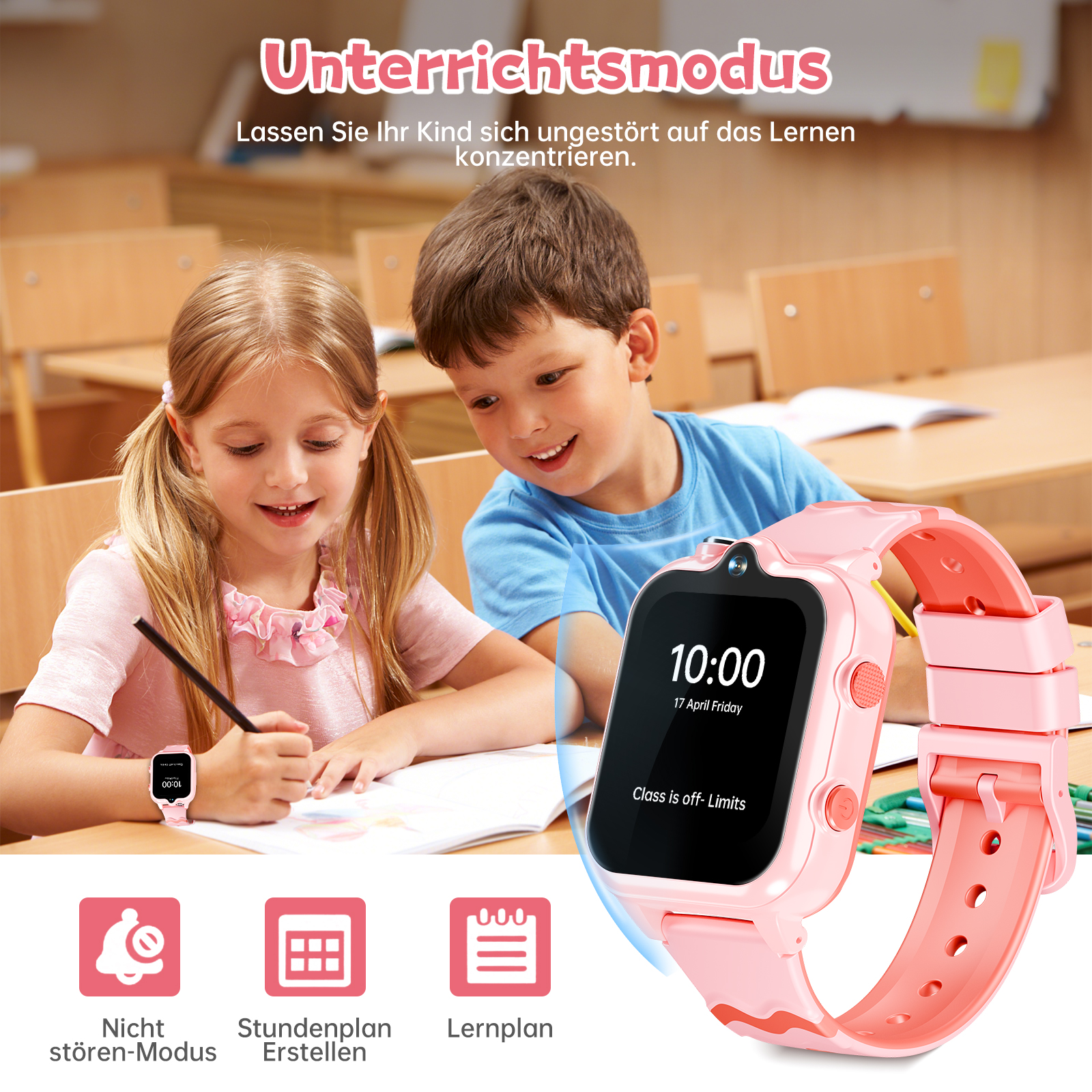 Zwei Kinder an einem Schreibtisch, eines schreibt. Eine rosa Smartwatch zeigt die Zeit an. Text sagt 'Unterrichtsmodus'.