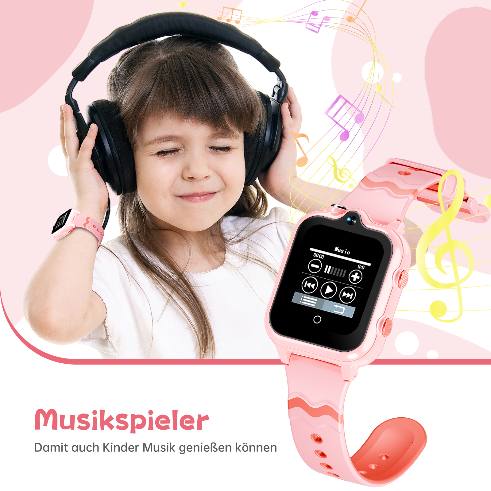 Ein Mädchen mit Kopfhörern und einer rosa Smartwatch. Musiknoten schweben herum. Die Uhr zeigt eine Musikplayer-Oberfläche.