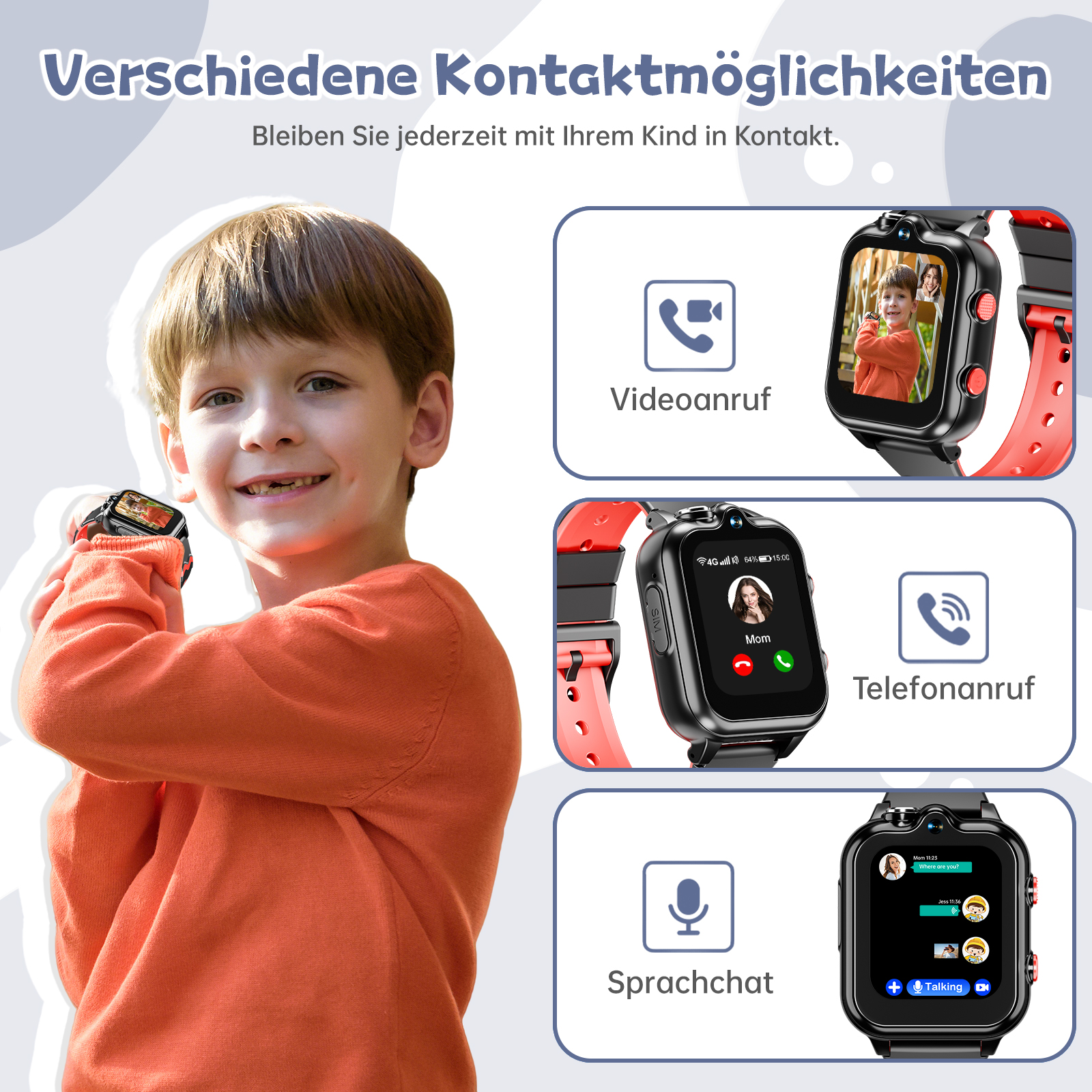 Ein Junge lächelt und trägt ein orangefarbenes Hemd. Die Smartwatch zeigt Videoanrufe, Telefonanrufe und Chat-Optionen.