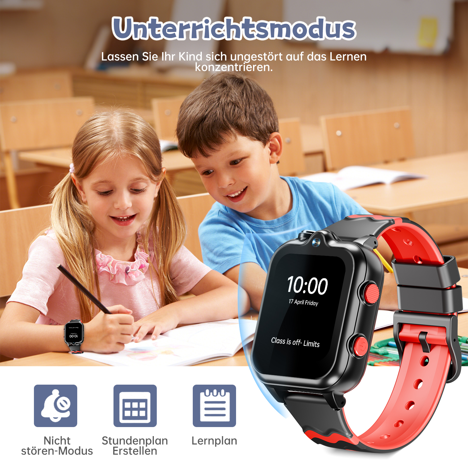 Zwei Kinder in einem Klassenzimmer, eines schreibt mit einem Bleistift. Eine Smartwatch mit rotem Armband wird angezeigt. Text: Unterrichtsmodus.