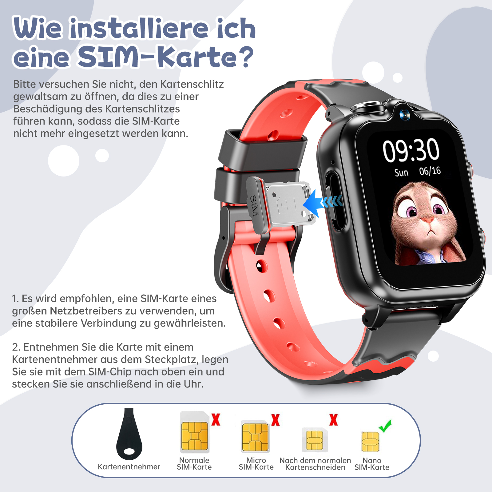 Eine Smartwatch mit rotem Armband, einem SIM-Kartensteckplatz und einem Bildschirm mit Uhrzeit und Comicfigur.