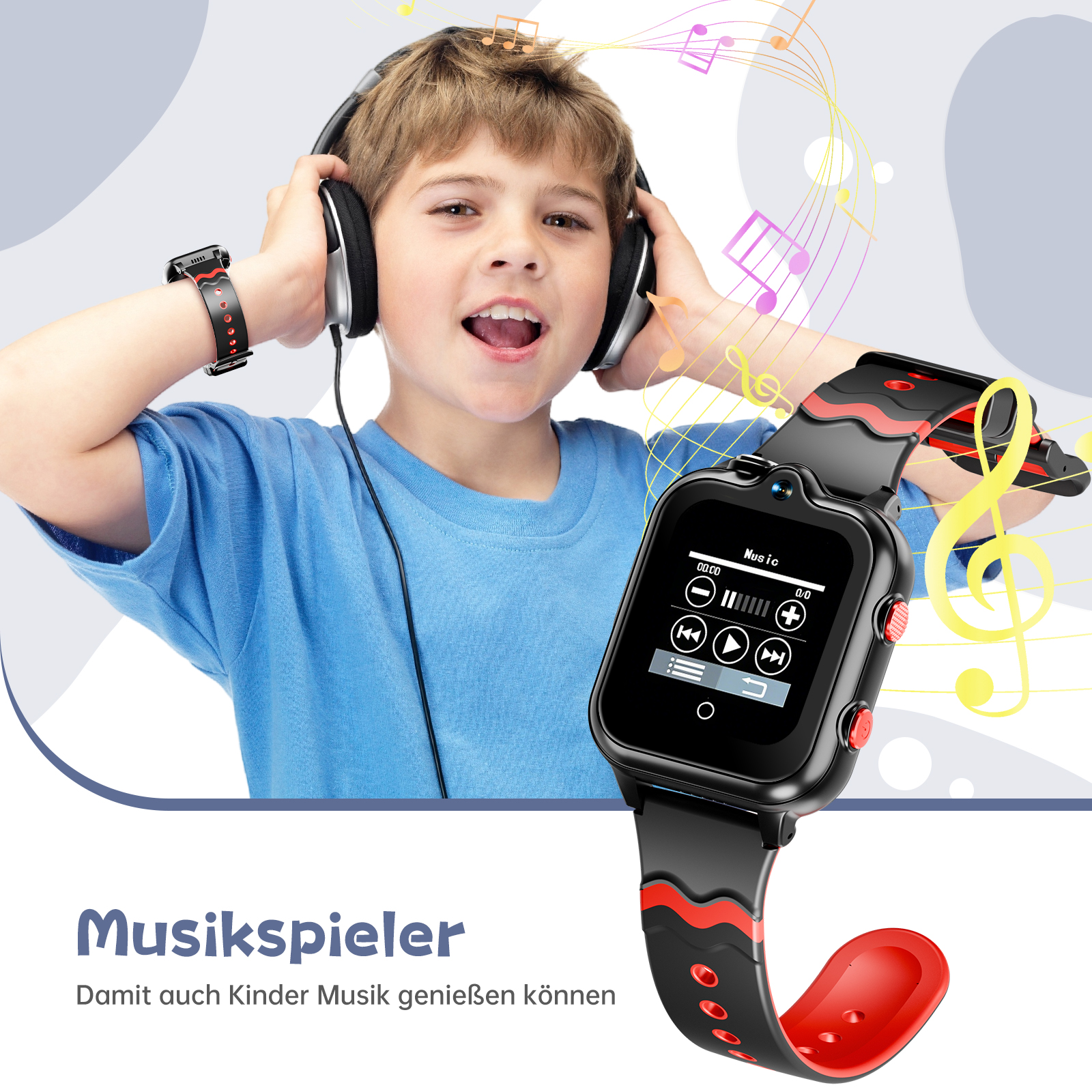 Ein Junge mit Kopfhörern und einer Smartwatch hört Musik. Die Uhr hat ein schwarzes Armband mit roten Akzenten.