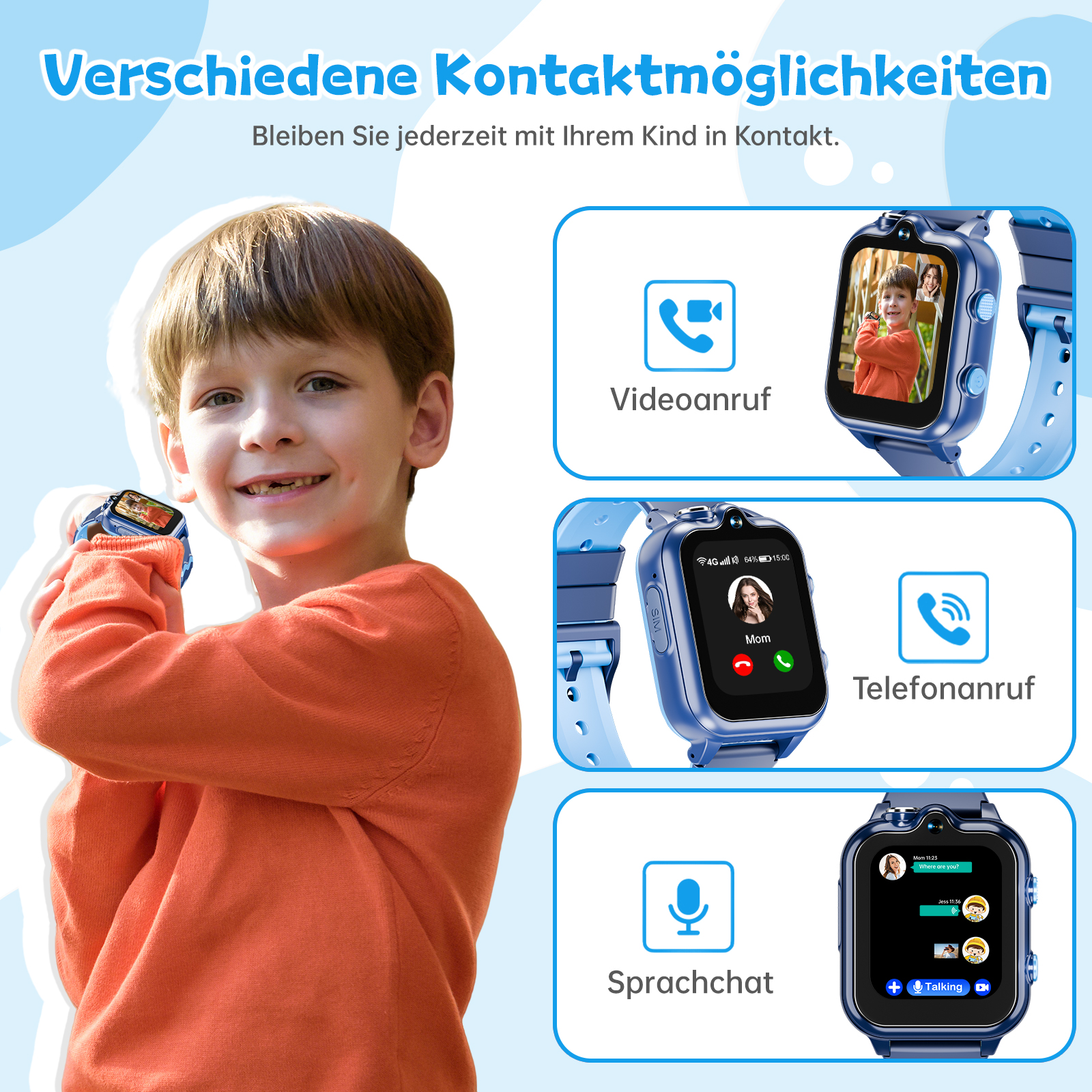 Ein Junge mit orangefarbenem Pullover lächelt und zeigt eine Smartwatch mit Videoanruf-Bildschirm. Blaue Uhr und grafische Symbole.