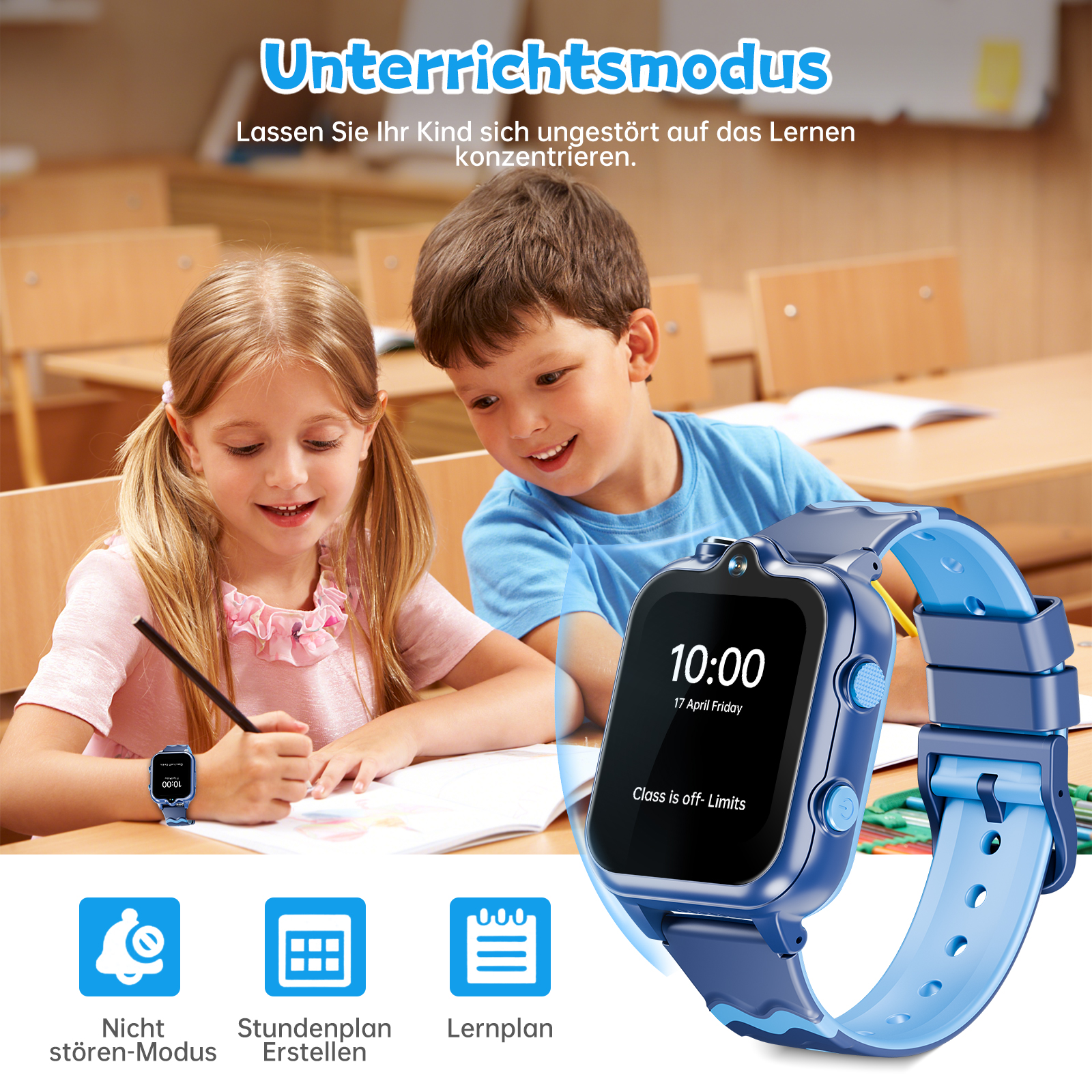 Zwei Kinder im Klassenzimmer, eines mit Smartwatch. Die Uhr zeigt Zeit und eine Benachrichtigung. Text: 'Class is off- Limits'.