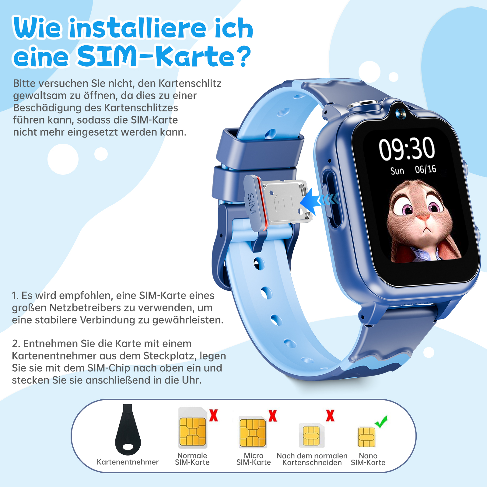 Eine blaue Smartwatch zeigt die Zeit an. Eine SIM-Karte wird eingesetzt. Anweisungen und SIM-Kartentypen werden ebenfalls gezeigt.