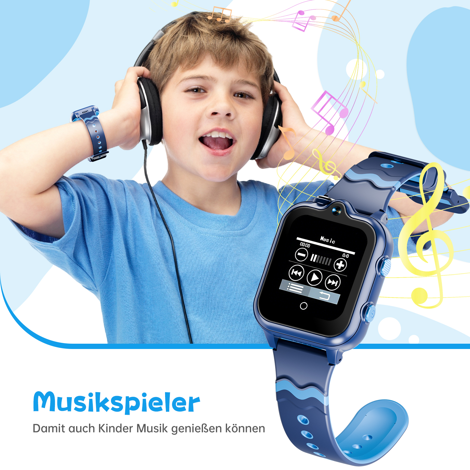Ein Junge mit Kopfhörern und einer Smartwatch hört Musik. Musikalische Noten sind im Hintergrund.