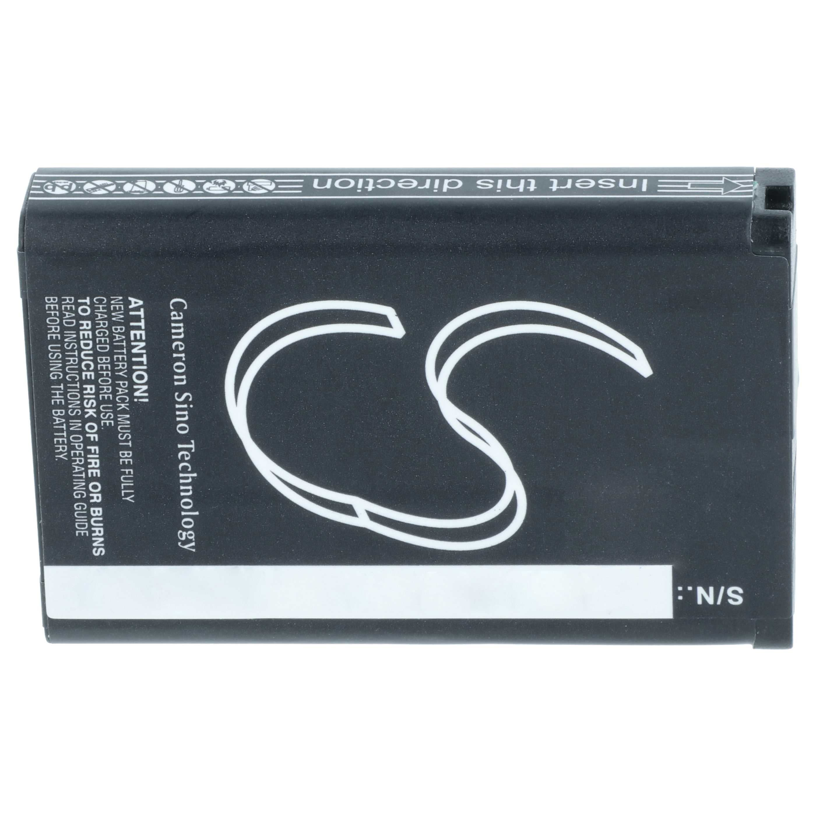 Ein schwarzer Akku mit weißem Text und Logo wird gezeigt. Er trägt den Text 'Cameron Sino Technology' und 'Insert this direction'.