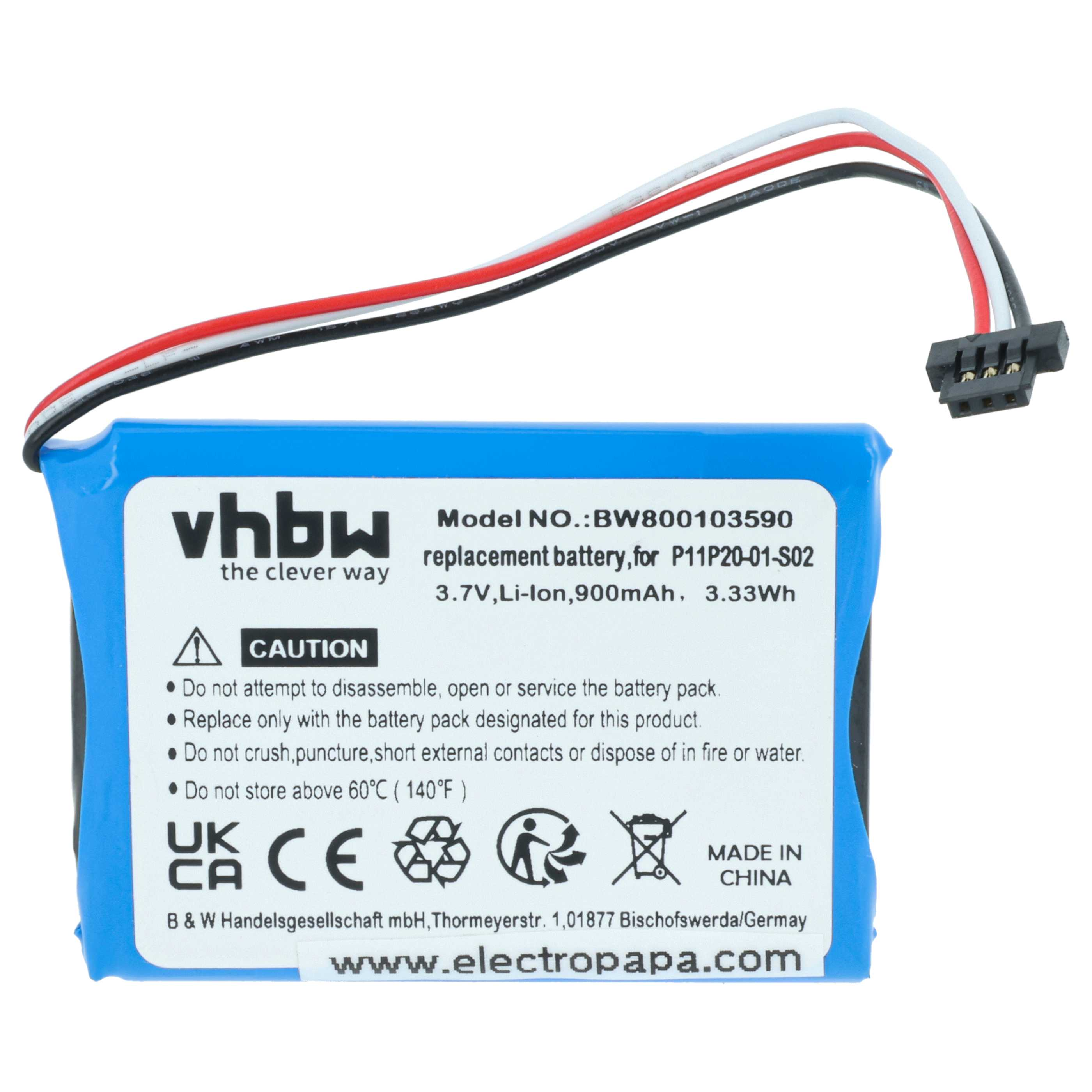 Blaue Batterie mit Drähten und Stecker. Weißer Text auf der Batterie. Schwarze, rote und weiße Drähte.