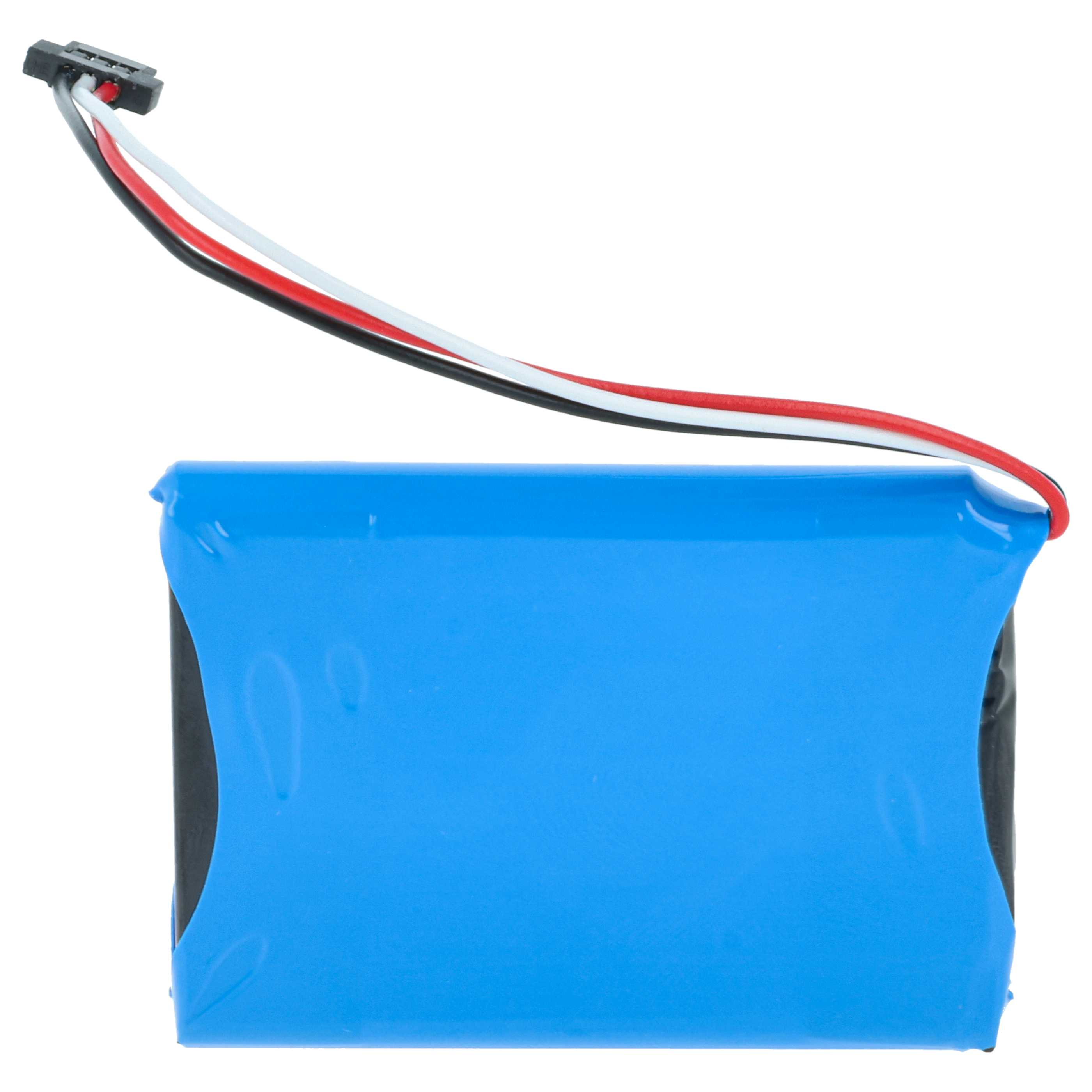Ein blauer Akku mit schwarzen, roten und weißen Drähten, die an einem Stecker befestigt sind.
