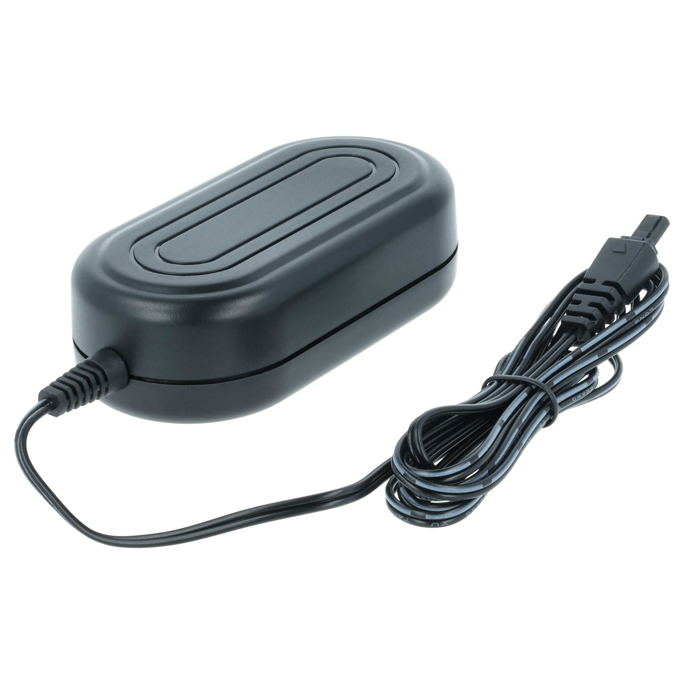 Ein schwarzes Netzteil mit Kabel und Stecker. Der Adapter ist oval geformt mit einer vertieften Mitte. Das Kabel ist aufgerollt.