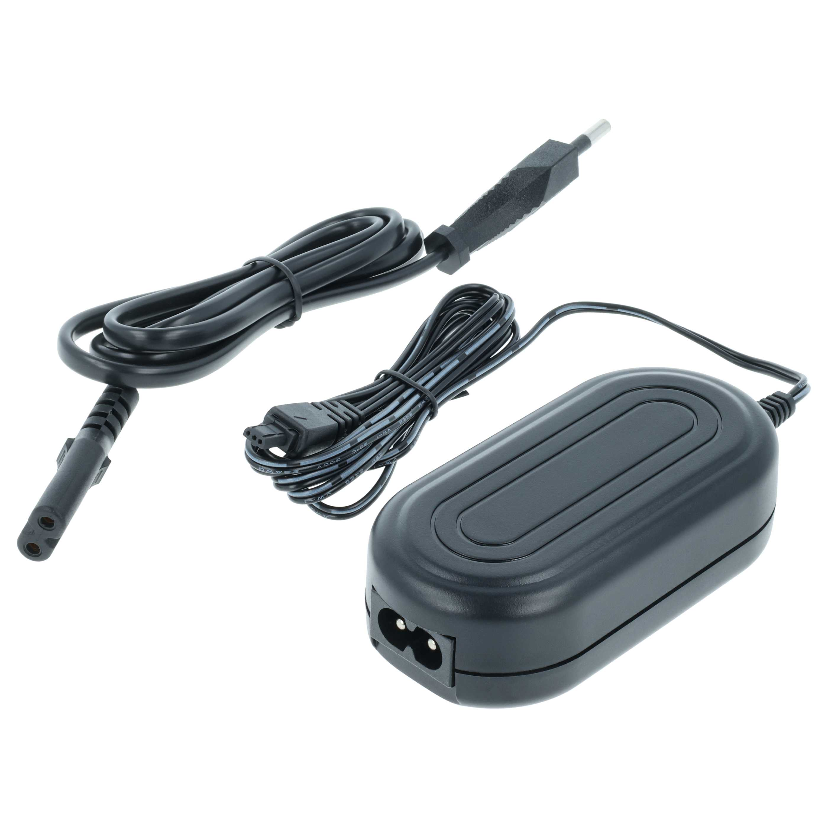 Schwarzes Netzteil mit Kabeln und Steckern auf weißem Hintergrund. Der Adapter hat zwei Stifte.