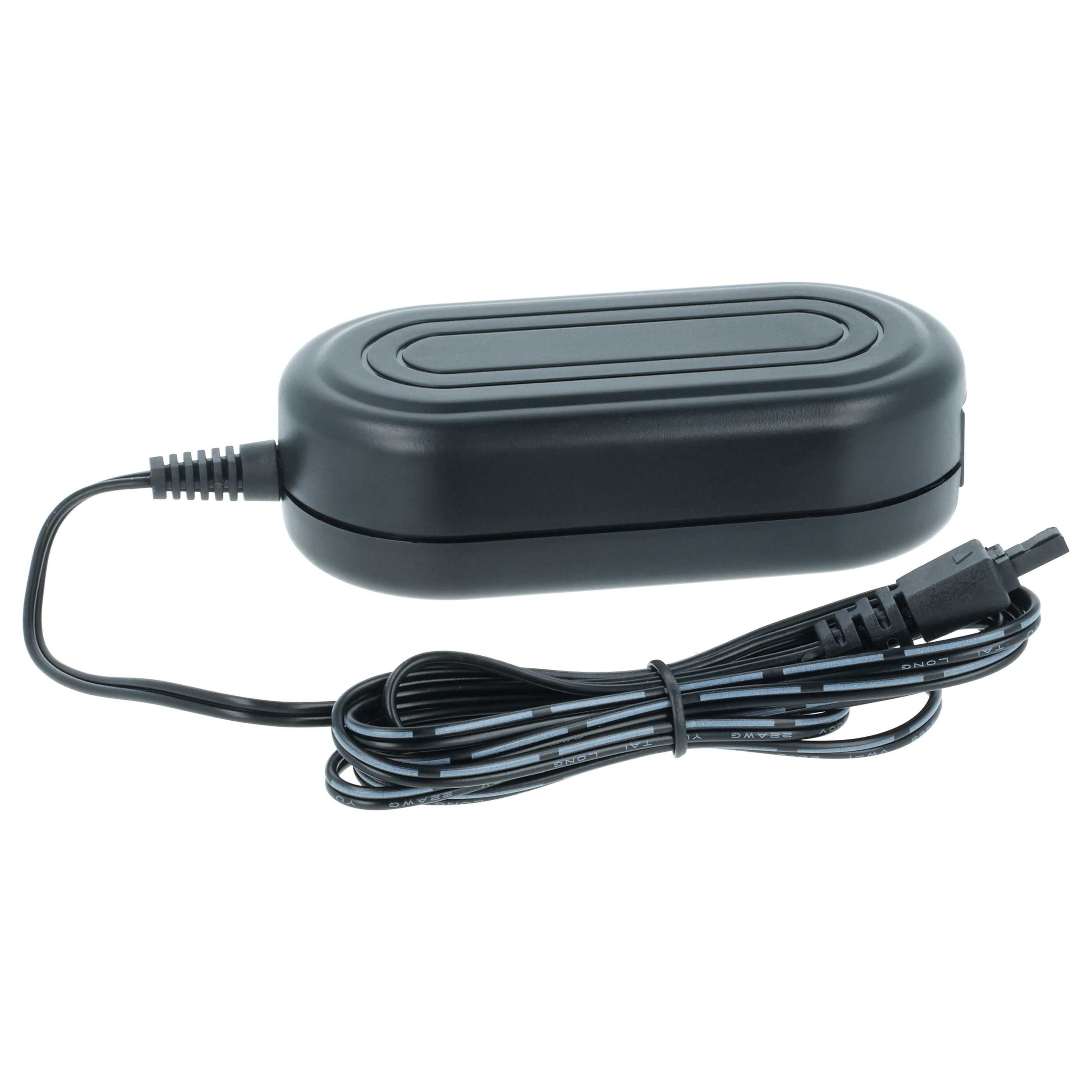 Schwarzes Netzteil mit Kabel. Der Adapter ist rechteckig mit abgerundeten Kanten. Weißer Hintergrund.