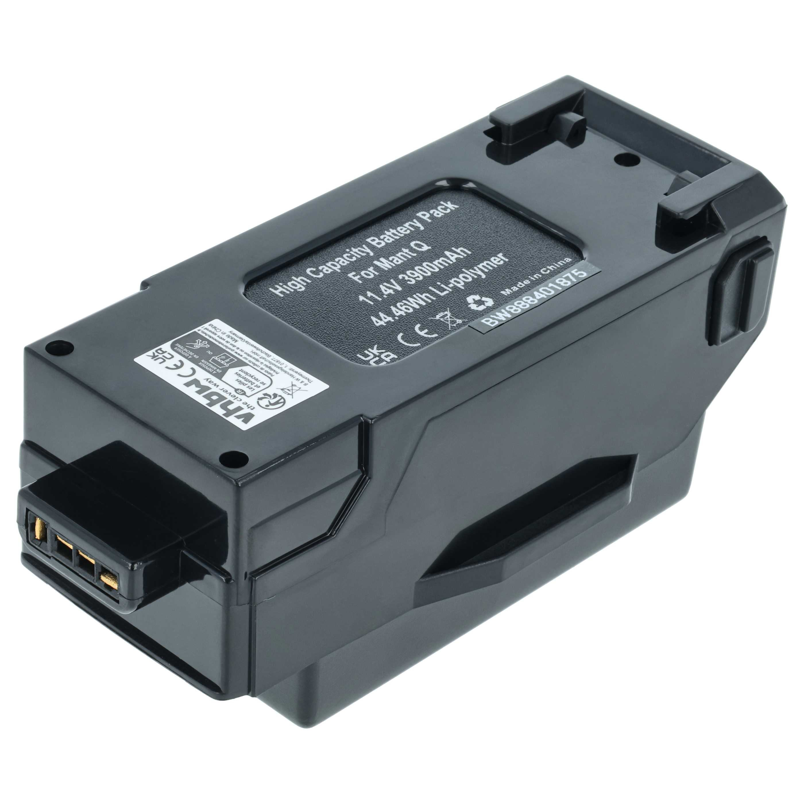 Ein schwarzer Akku für Mant Q, mit Etikettendetails: 11,4 V 3900 mAh und High Capacity Battery Pack.