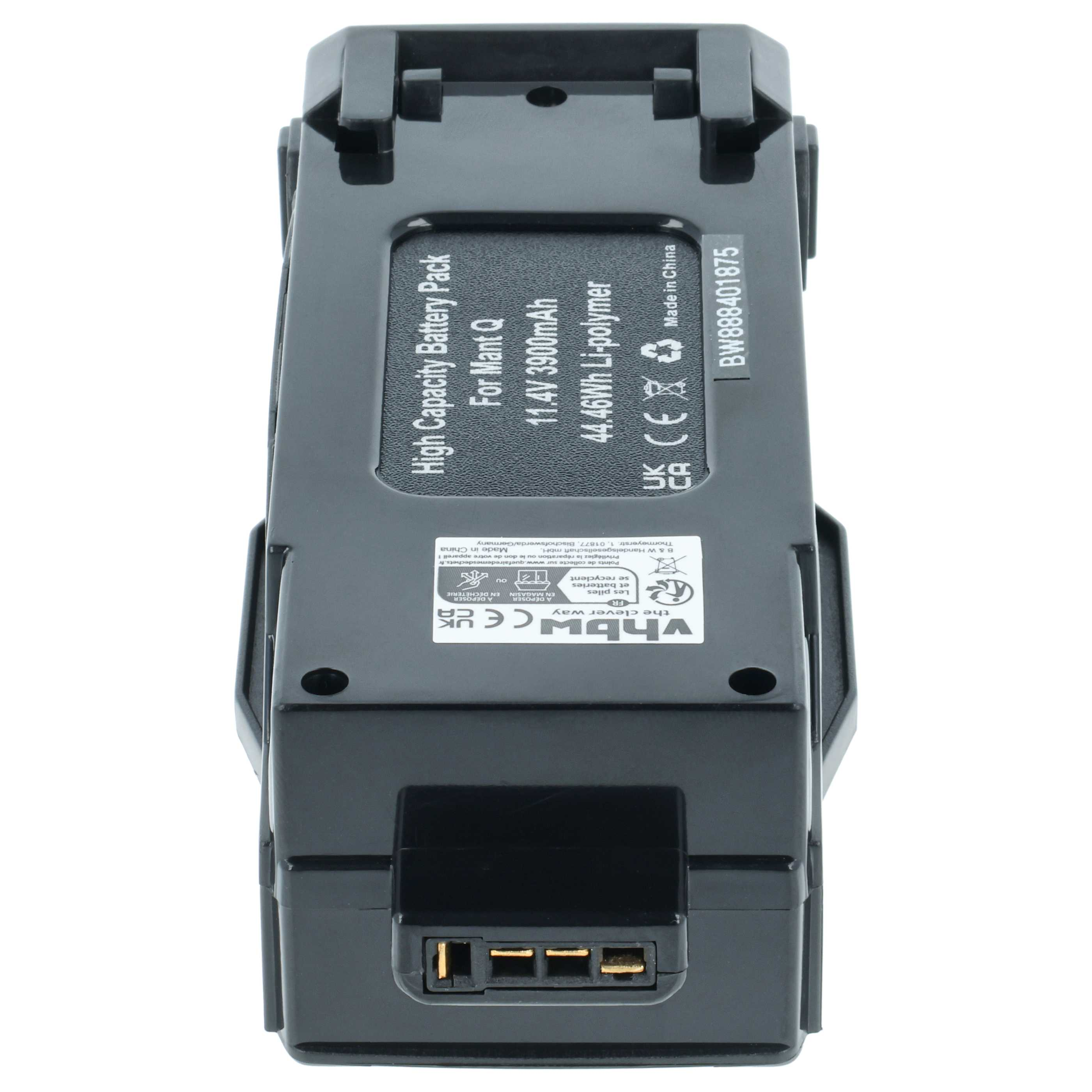 Schwarzer Akku mit weißem Text. Enthält Batterieinformationen und Herstellerdetails. Der Akku hat einen Anschluss.