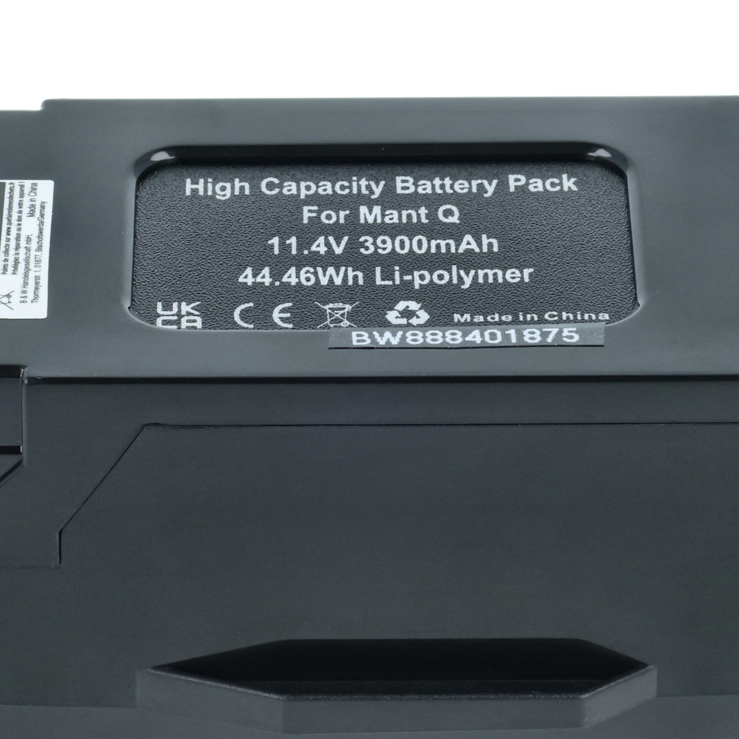 Ein schwarzer Akku mit weißem Text. Es lautet 'High Capacity Battery Pack' und andere Spezifikationen. Hergestellt in China.