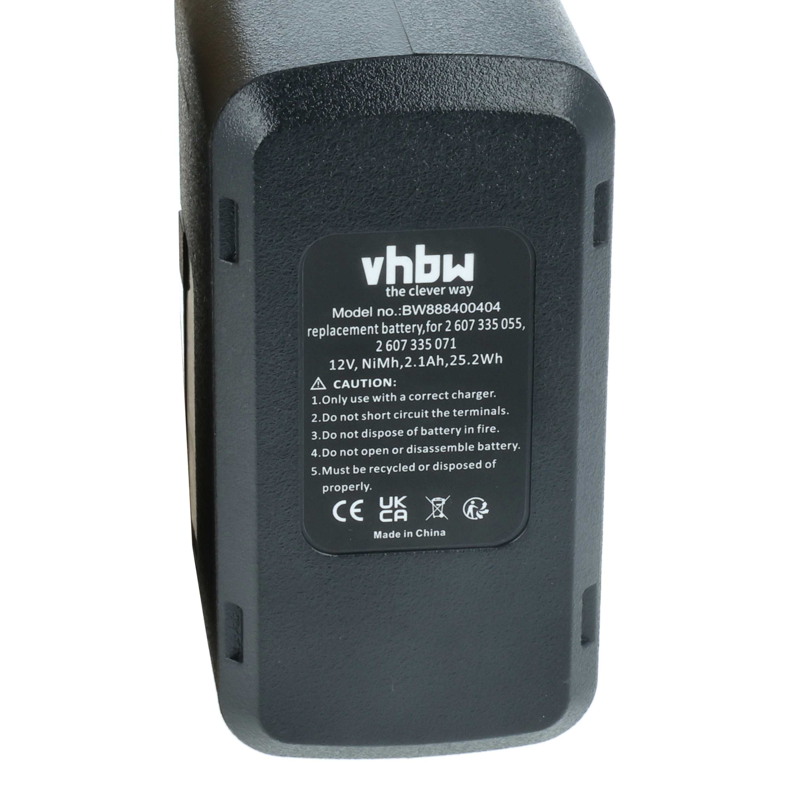 Ein schwarzer Akku mit Text, einschließlich 'vhbw' und Warnhinweisen. Er ist mit 'Made in China' beschriftet.