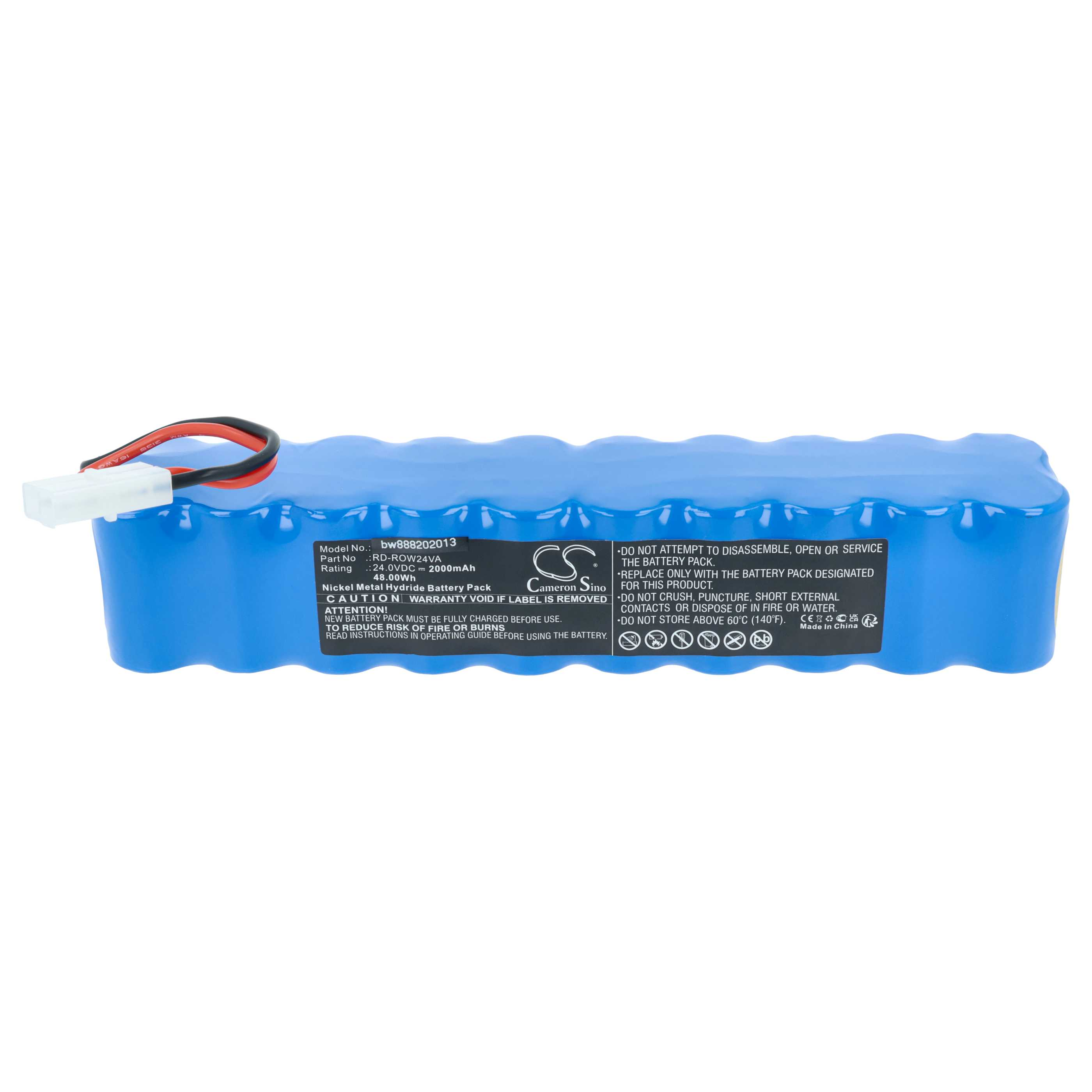 Ein blaues Akku-Pack mit Kabeln und einem Stecker. Text auf dem Pack beschreibt Spezifikationen und Warnhinweise.